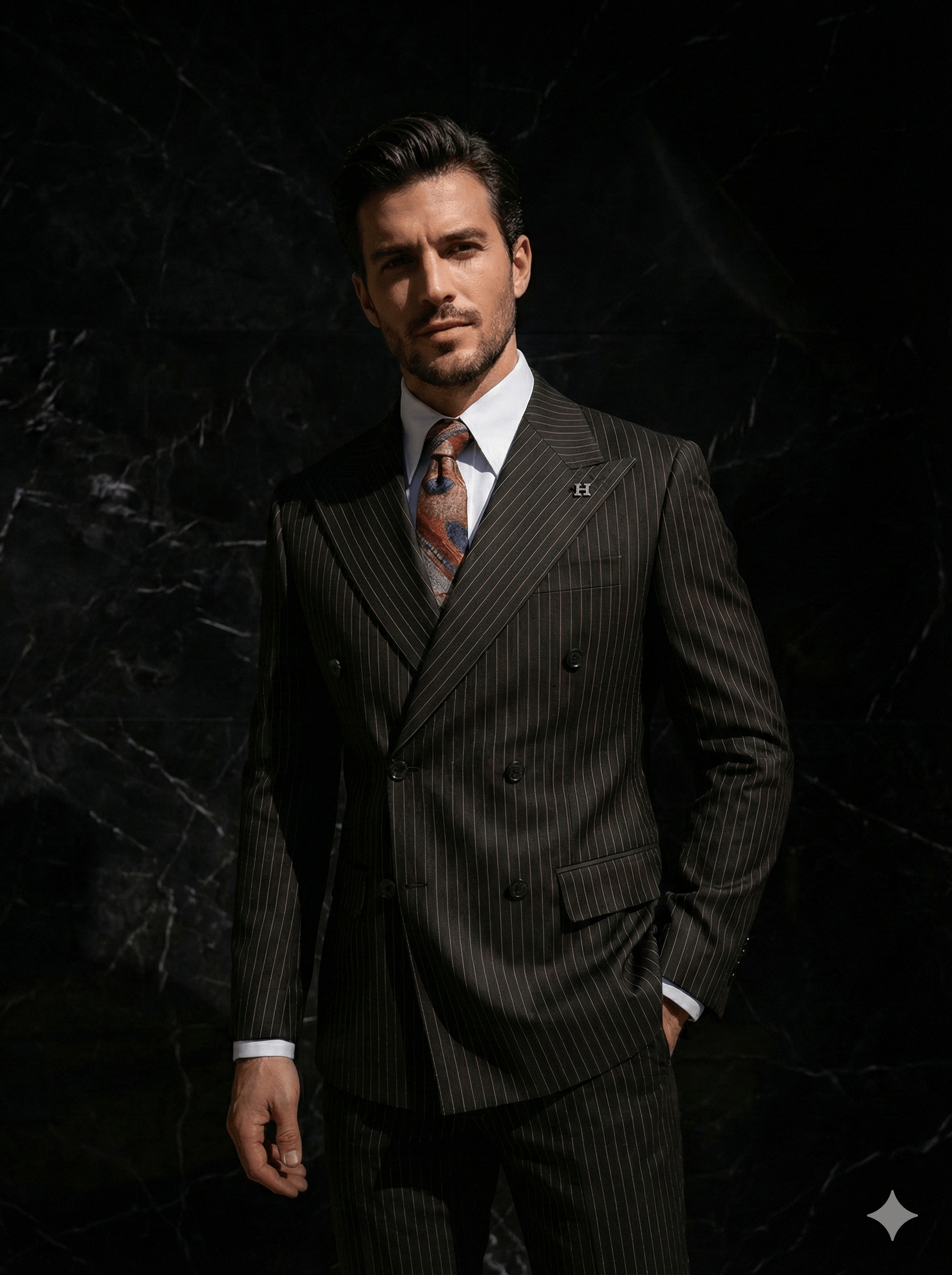 Sartorial | Onyx Siyah Terakota Çizgili Kruvaze Takım Elbise