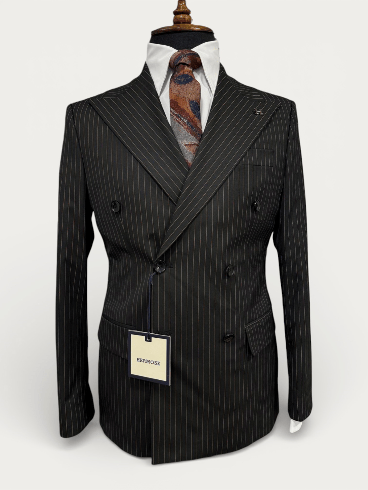 Sartorial | Onyx Siyah Terakota Çizgili Kruvaze Takım Elbise