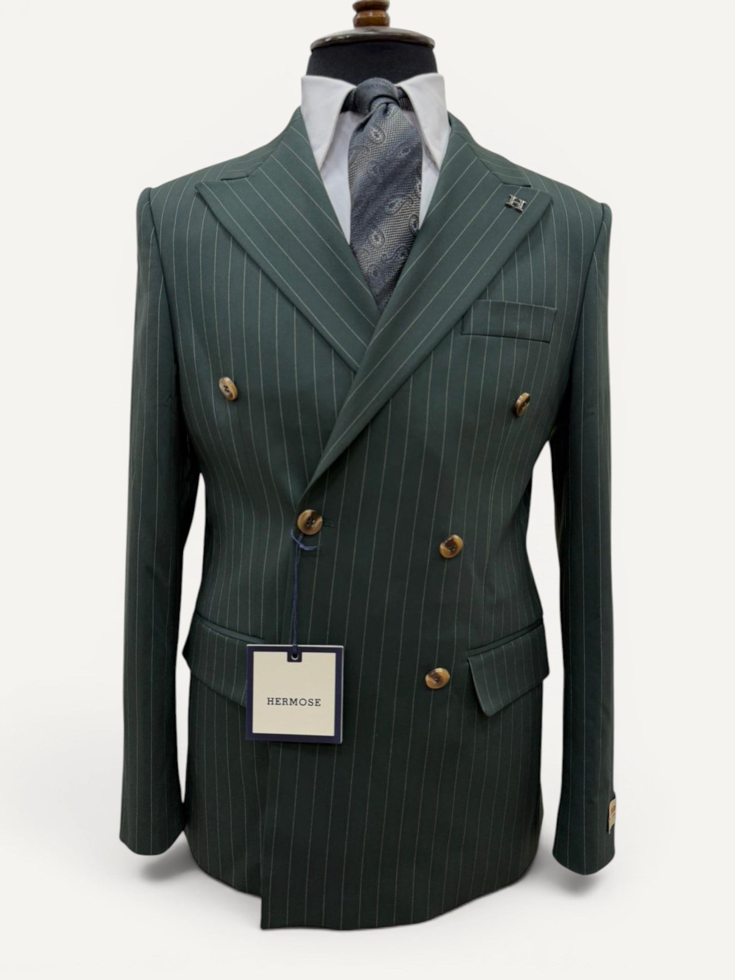 Sartorial | Zümrüt Yeşil Çizgili Kruvaze Takım Elbise