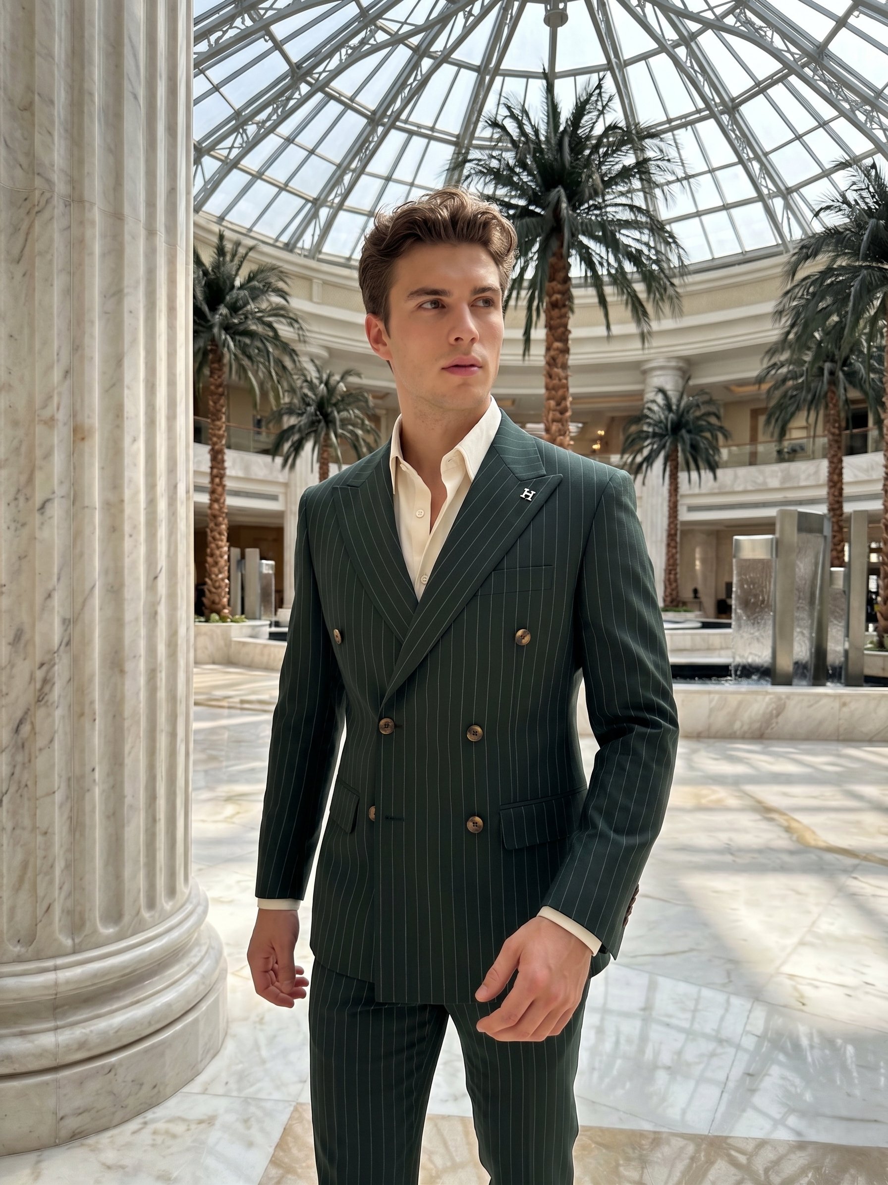 Sartorial | Zümrüt Yeşili Çizgili Kruvaze Takım Elbise