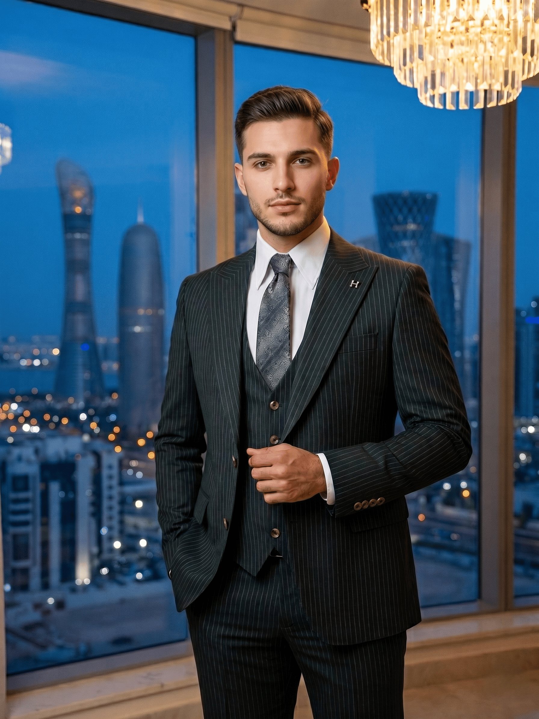 Sartorial | Zümrüt Yeşili Çizgili Yelekli Takım Elbise