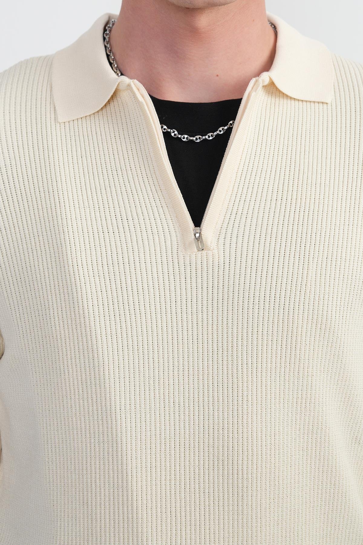 Erkek Basic Uzun Kollu Krem Triko Polo Yaka Tişört