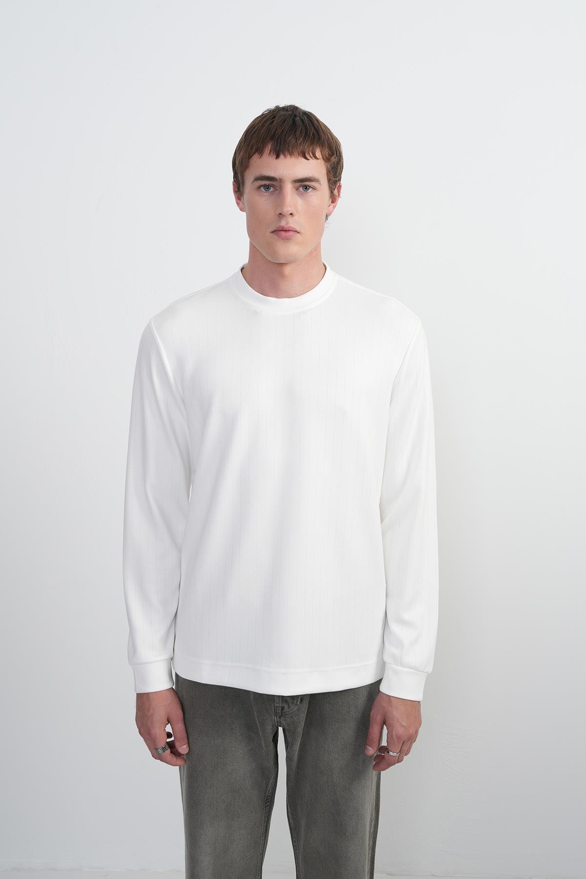 Erkek Bisiklet Yaka Çizgili Kumaş Beyaz Sweatshirt