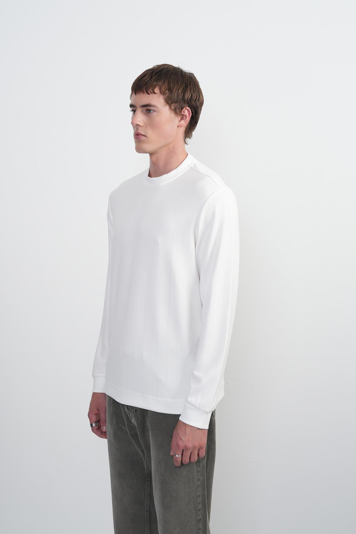 Erkek Bisiklet Yaka Çizgili Kumaş Beyaz Sweatshirt