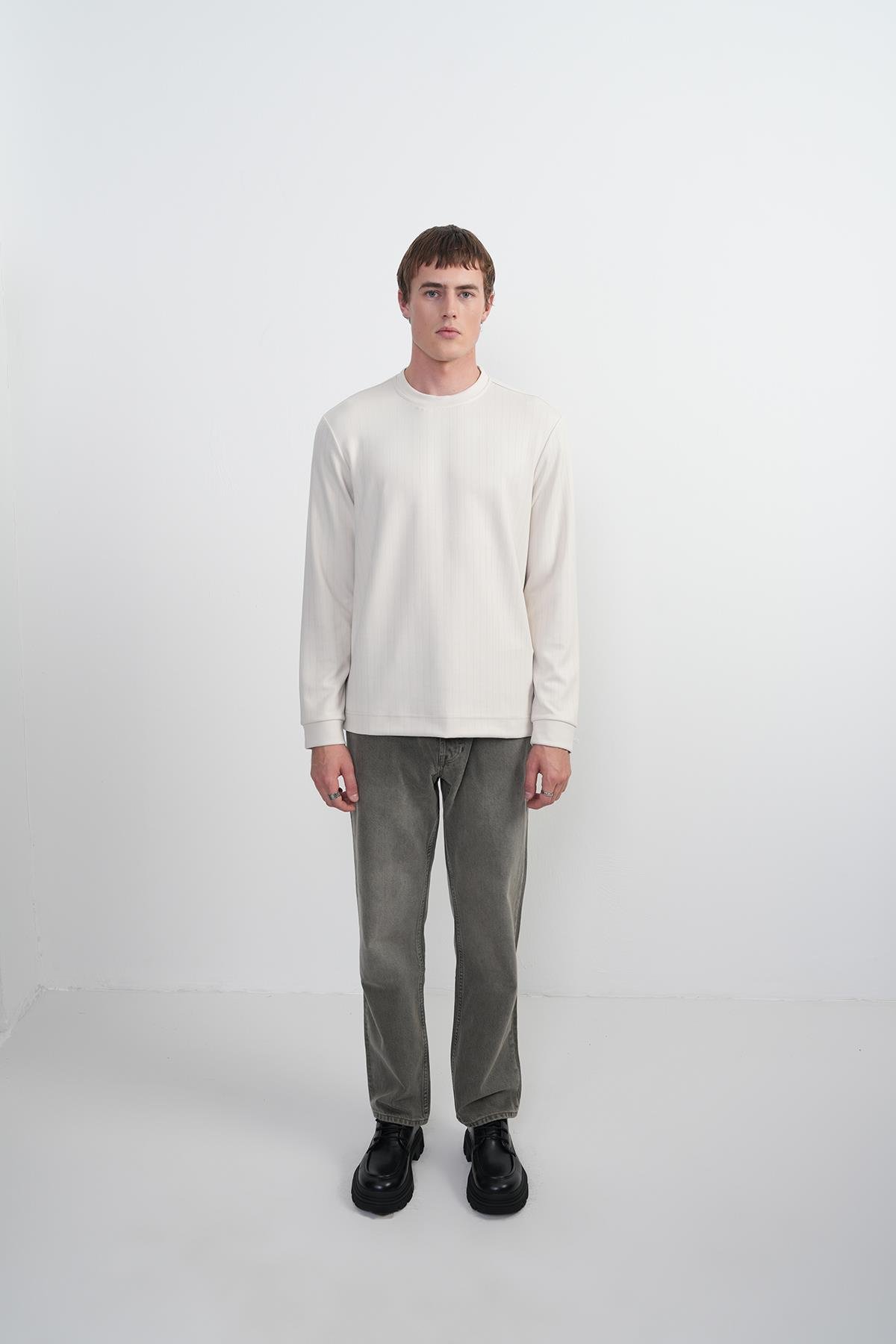 Erkek Bisiklet Yaka Çizgili Kumaş Krem Sweatshirt