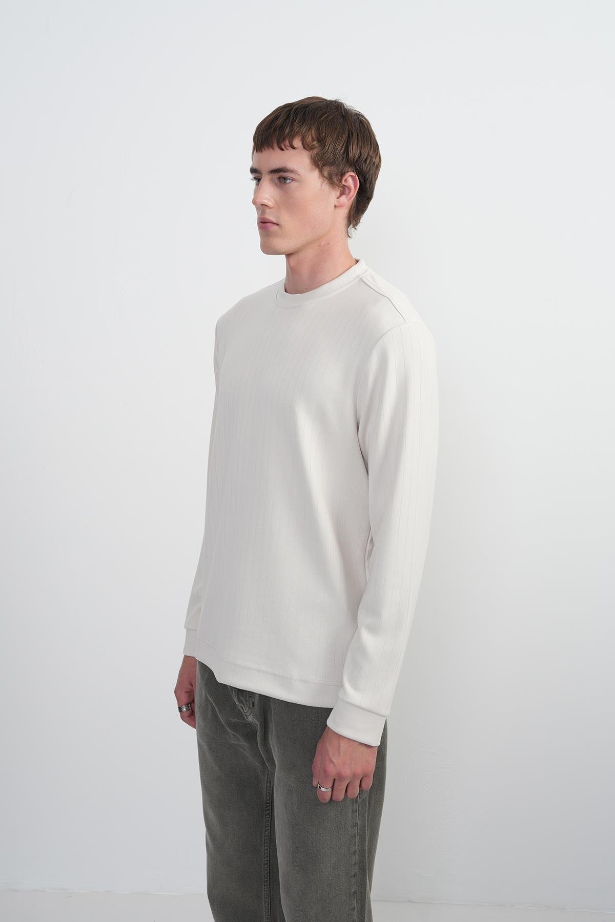 Erkek Bisiklet Yaka Çizgili Kumaş Krem Sweatshirt