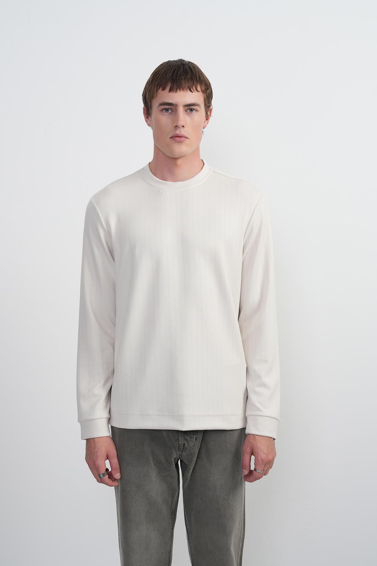 Erkek Bisiklet Yaka Çizgili Kumaş Krem Sweatshirt
