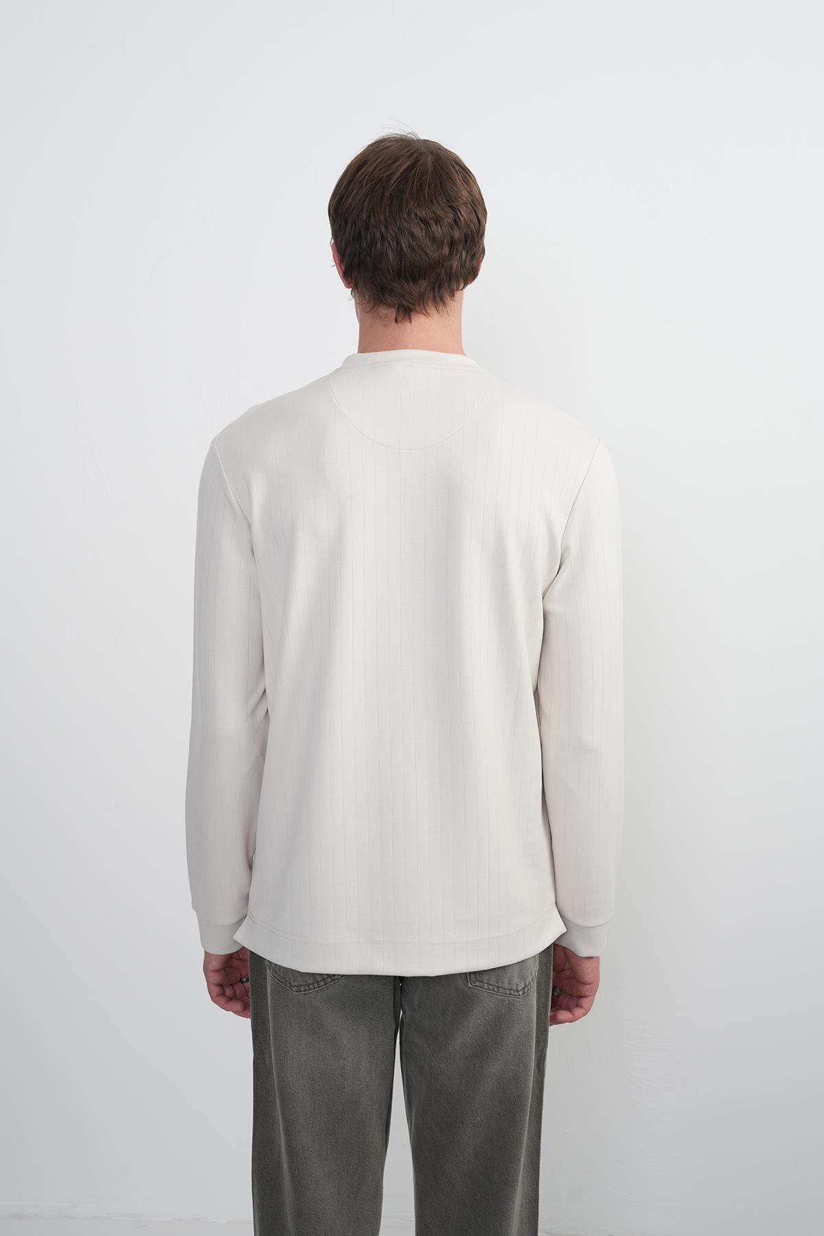 Erkek Bisiklet Yaka Çizgili Kumaş Krem Sweatshirt