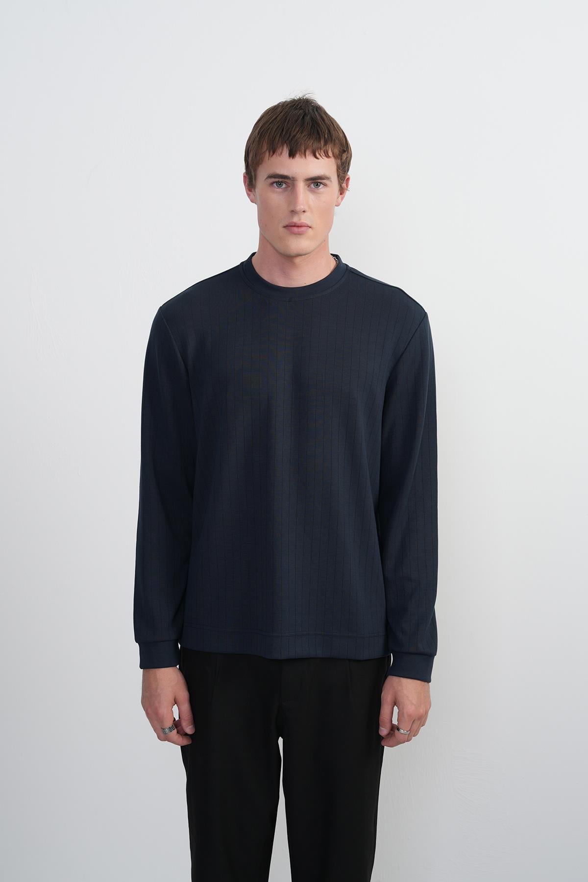 Erkek Bisiklet Yaka Çizgili Kumaş Laci Sweatshirt