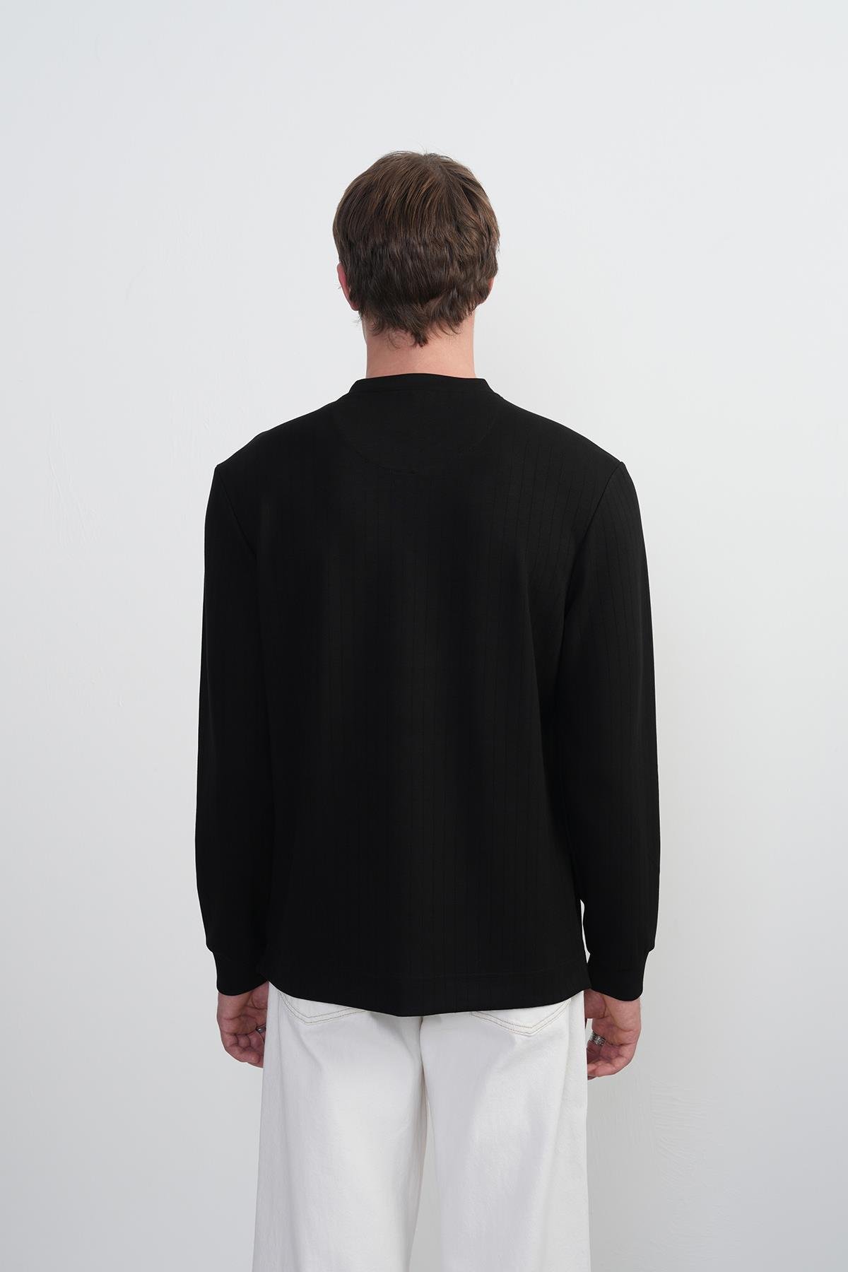 Erkek Bisiklet Yaka Çizgili Kumaş Siyah Sweatshirt