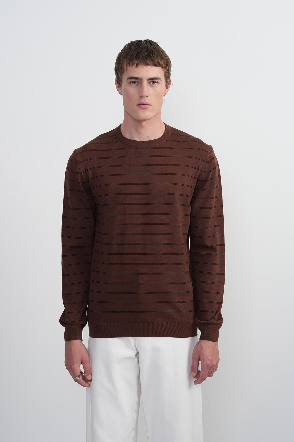 Erkek Çizgili Bisiklet Yaka Salaş Kahve Sweatshirt