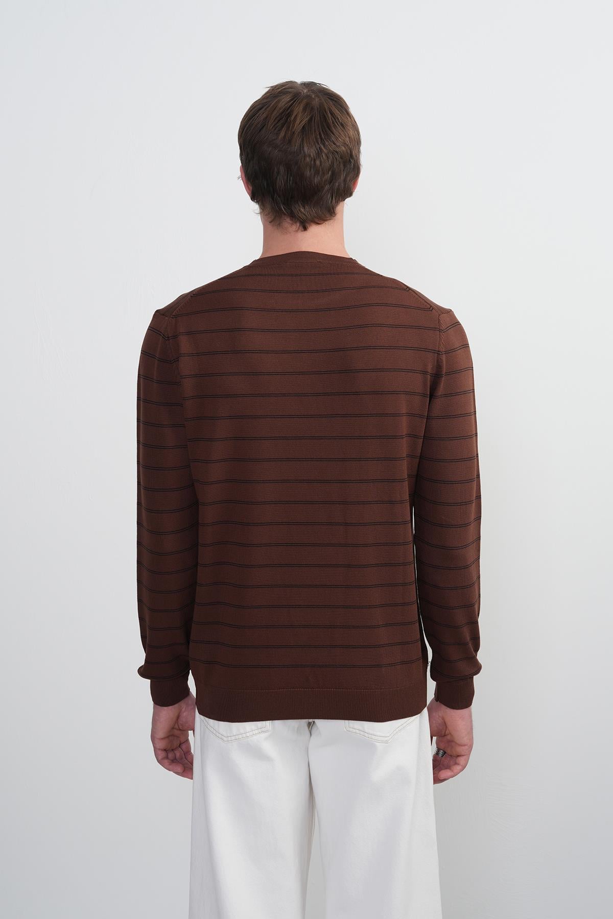 Erkek Çizgili Bisiklet Yaka Salaş Kahve Sweatshirt