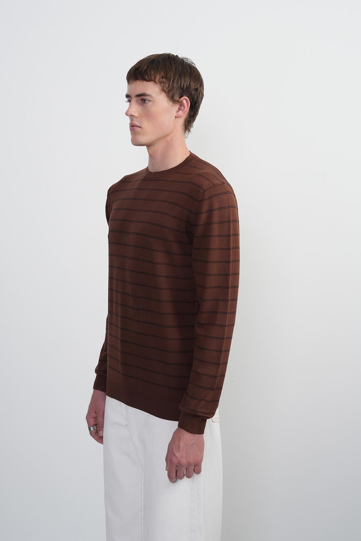 Erkek Çizgili Bisiklet Yaka Salaş Kahve Sweatshirt