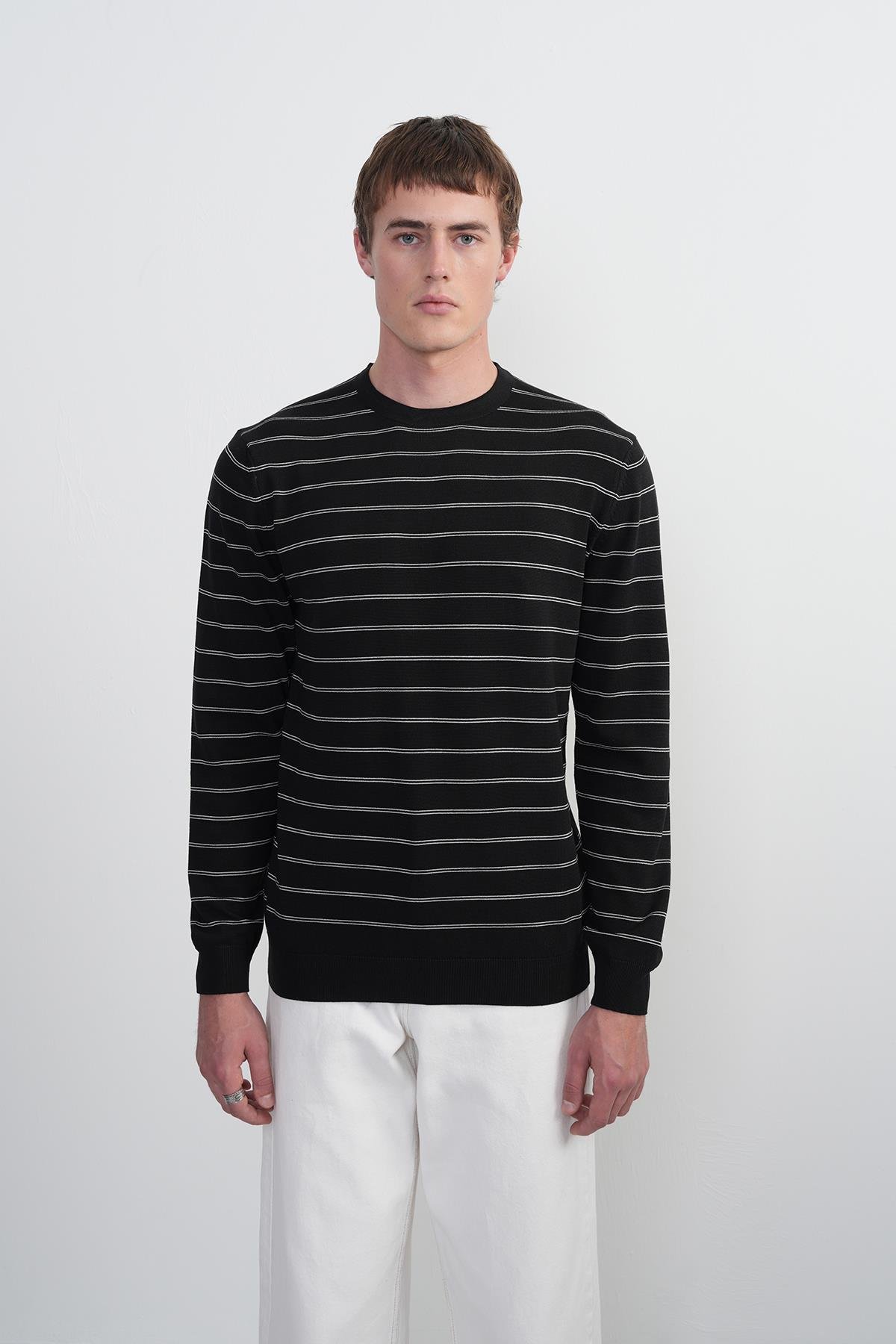 Erkek Çizgili Bisiklet Yaka Salaş Siyah Sweatshirt