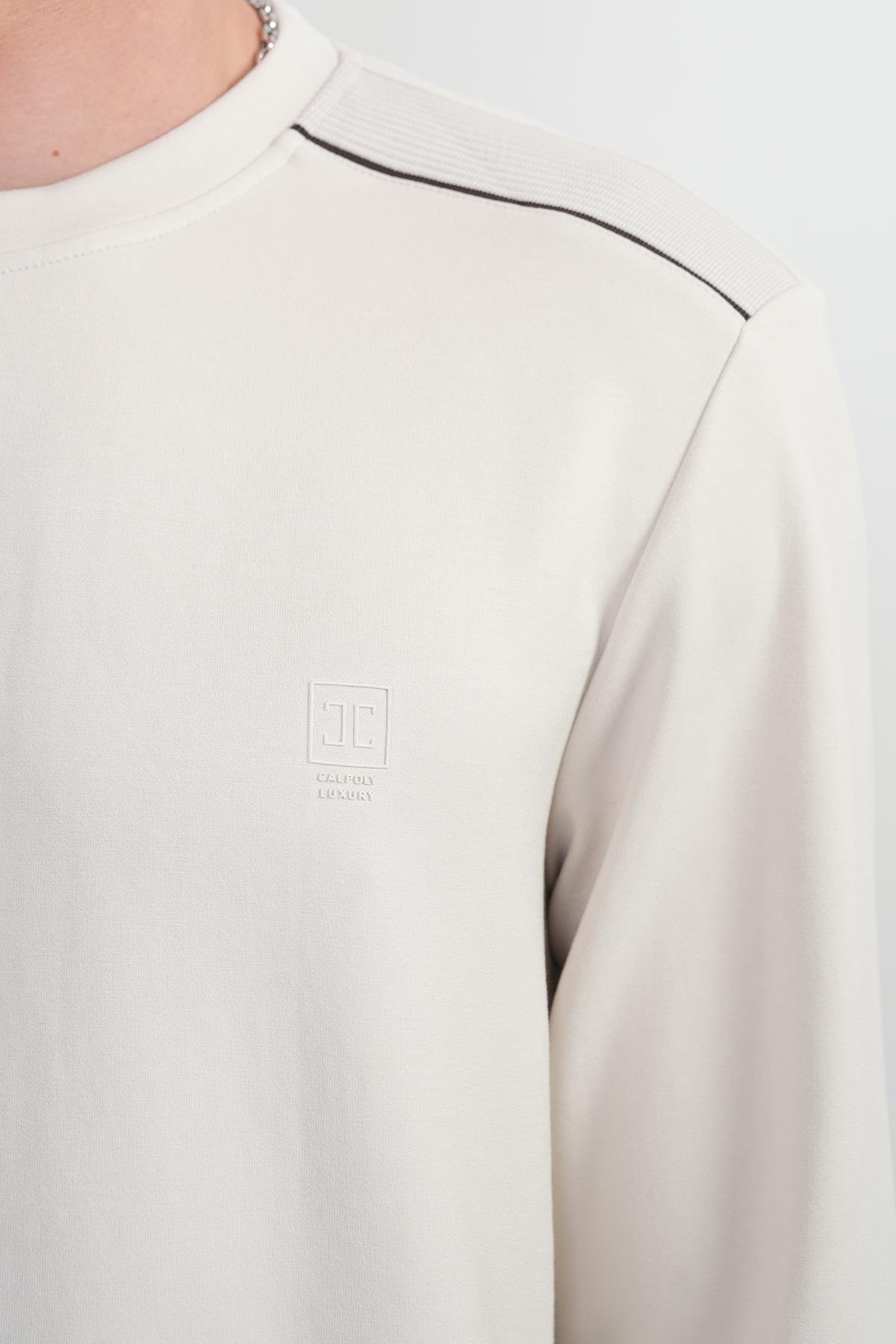 Erkek Omuz Çizgili Bisiklet Yaka Krem Sweatshirt