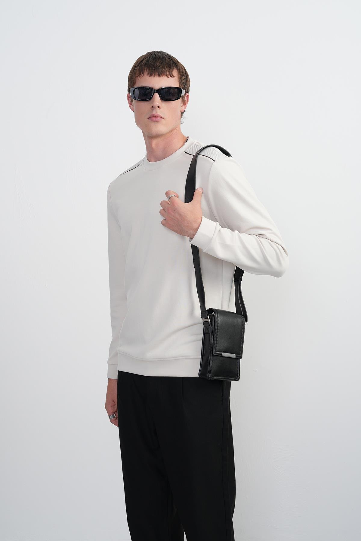 Erkek Omuz Çizgili Bisiklet Yaka Krem Sweatshirt