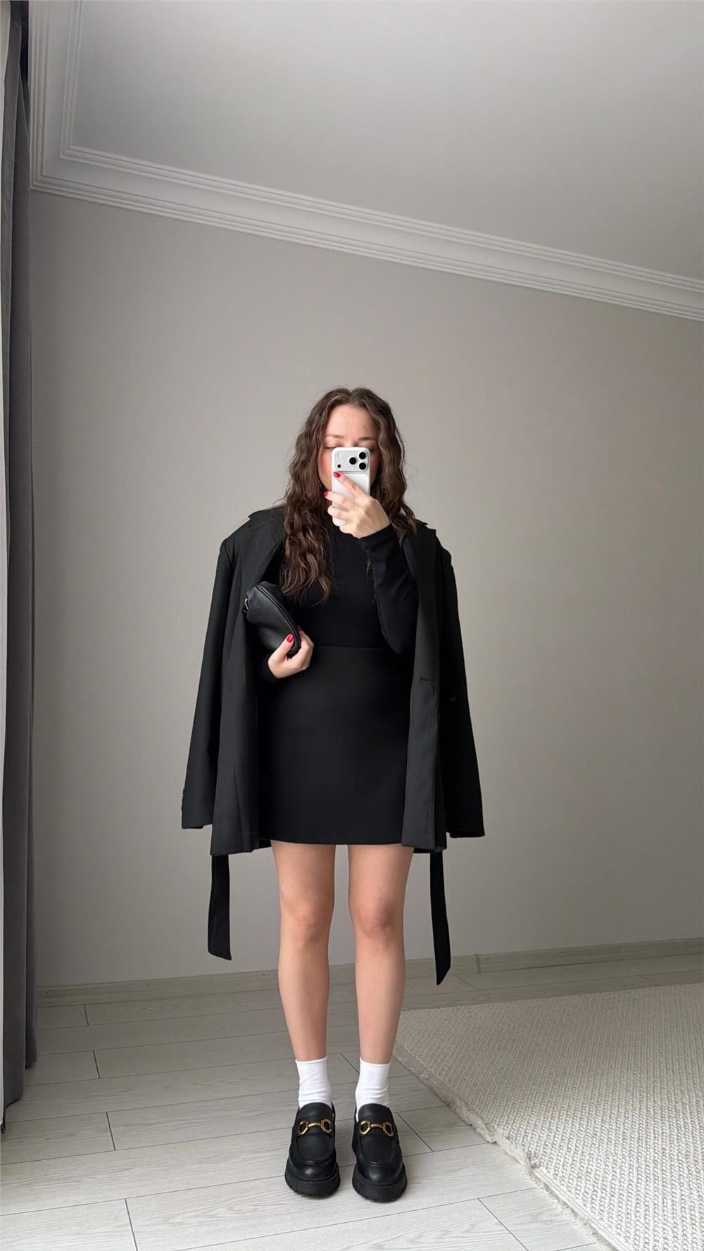 Kuşaklı Siyah Blazer Ceket