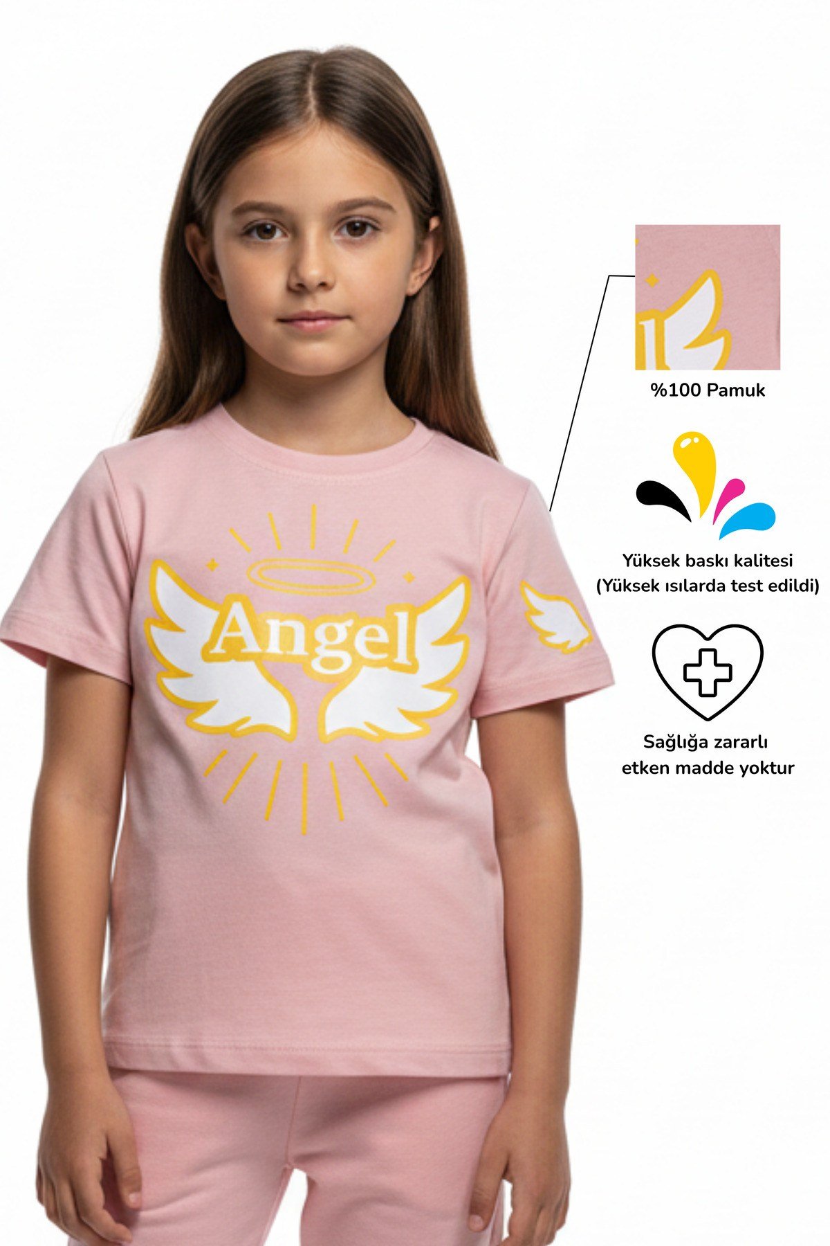 Angel Kanat & Hale Baskılı İçindeki Işığı Taşıyan %100 Pamuk Kız Çocuk T-Shirt Tişört | 4-9 Yaş