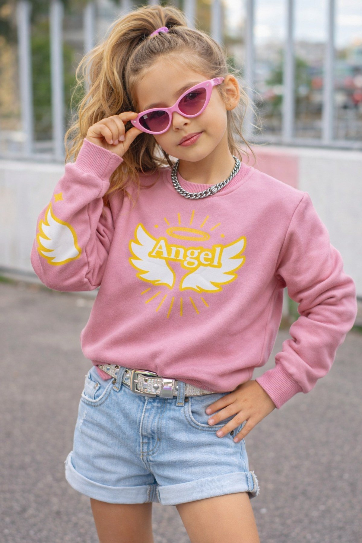 Angel Kanat & Hale Baskılı Işık Dolu Kız Çocuk Sweatshirt Eşofman Üstü | 4-9 Yaş