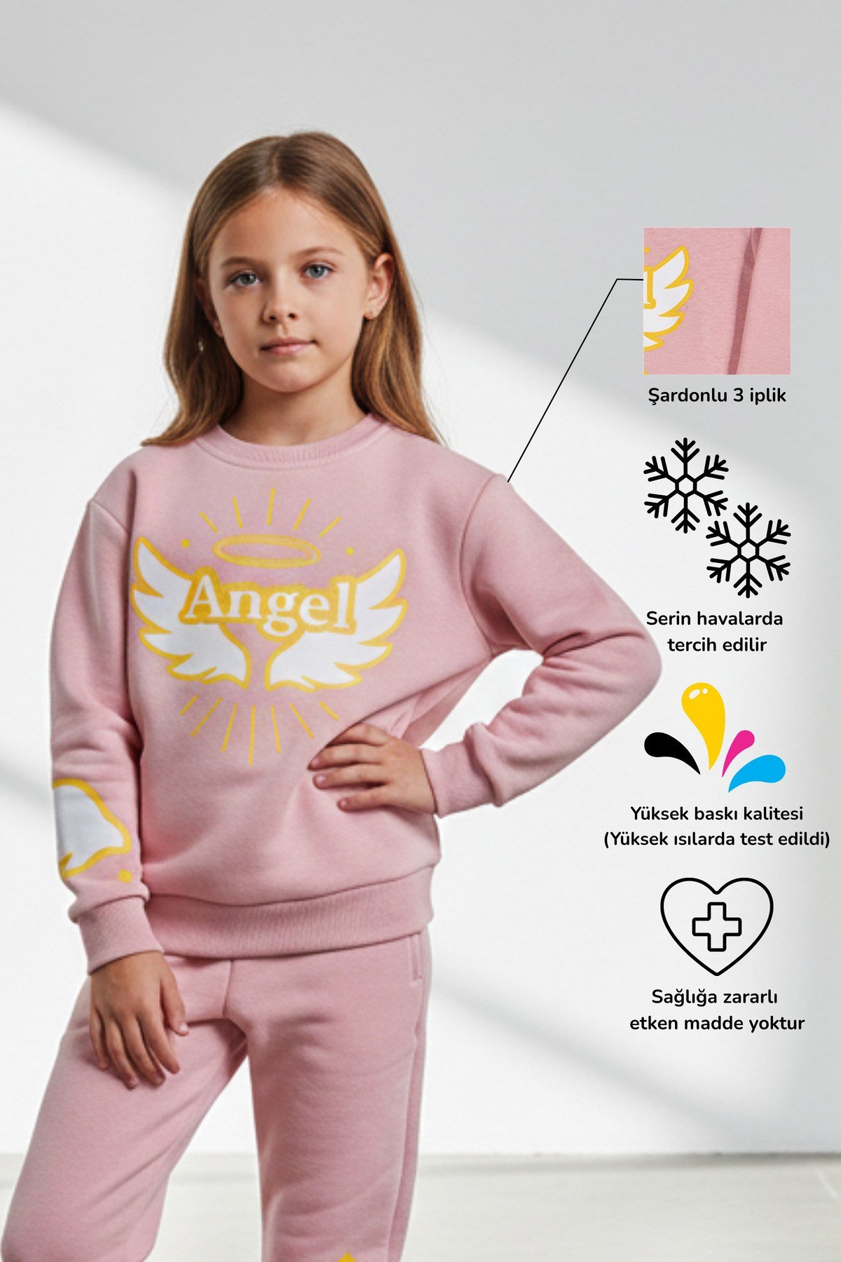 Angel Kanat & Hale Baskılı Işık Dolu Kız Çocuk Sweatshirt Eşofman Üstü | 4-9 Yaş