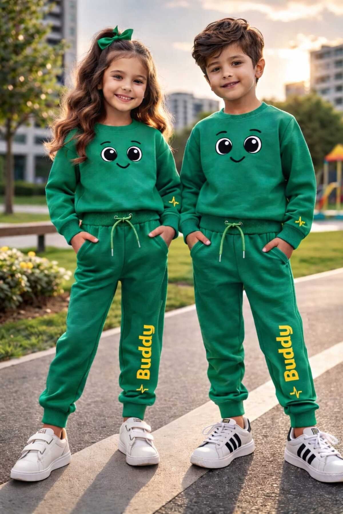Buddy Gülen Yüz Baskılı Sevgi Dolu Unisex Çocuk Alt Üst Eşofman Takım | 4-9 Yaş