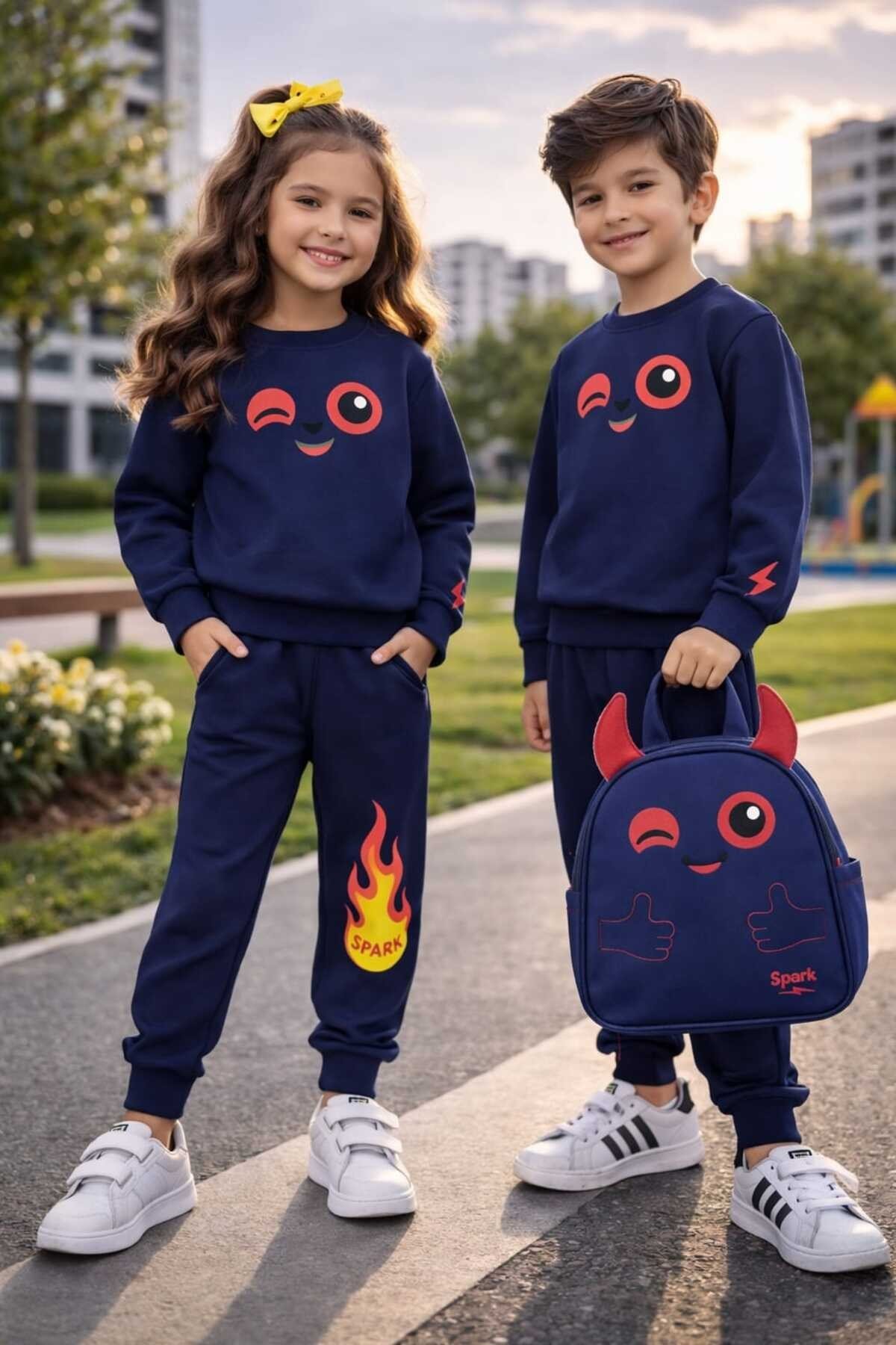 Spark Alev Baskılı Erkek Çocuk Eşofman Takım ve Okul Sırt Çantası Seti | 4-9 Yaş