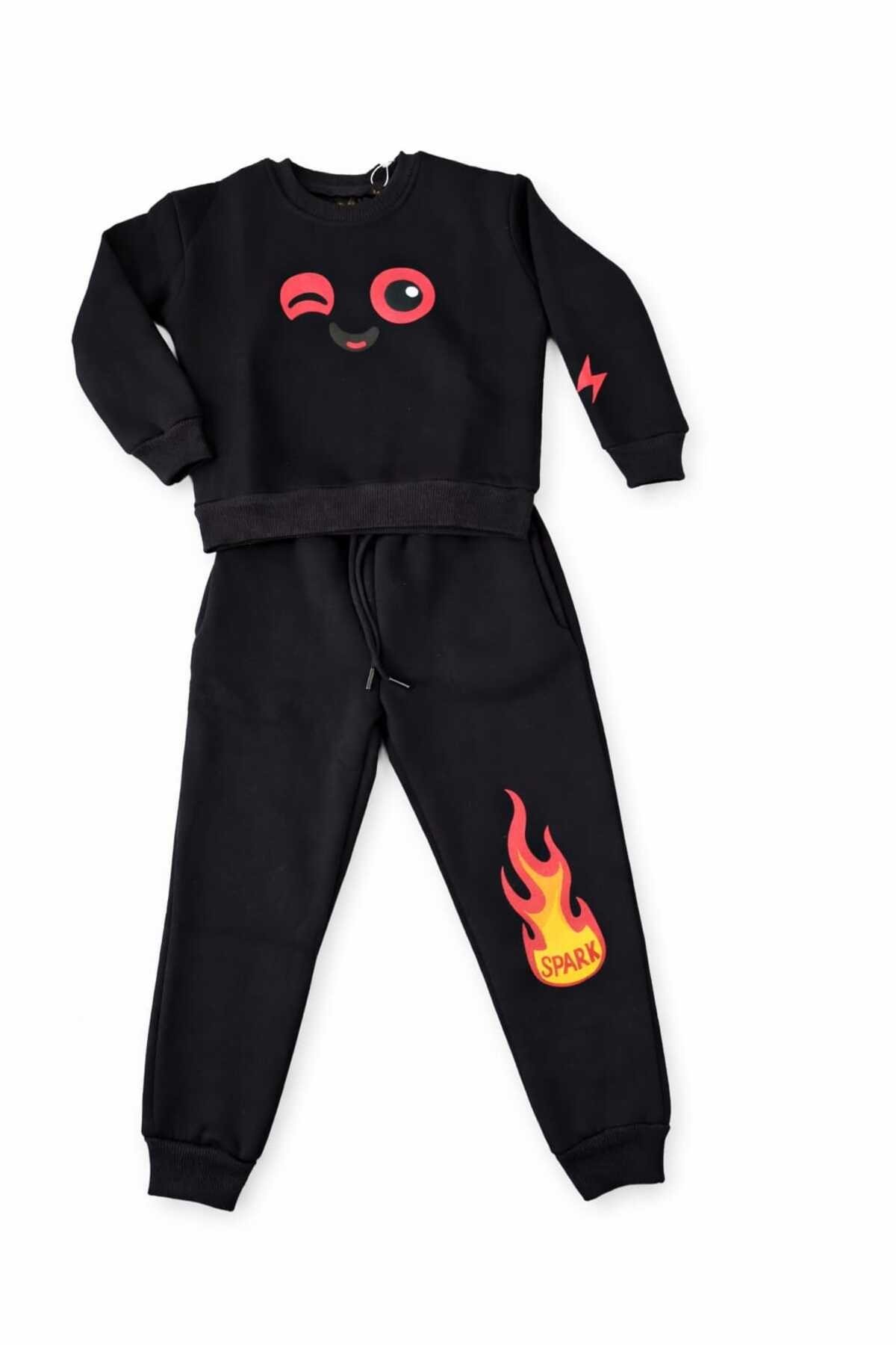Spark Alev & Sevimli Yüz Baskılı Unisex Çocuk Alt Üst Eşofman Takım | 4-9 Yaş