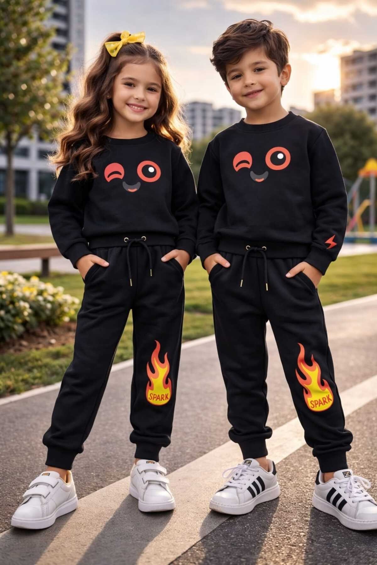 Spark Alev & Sevimli Yüz Baskılı Unisex Çocuk Alt Üst Eşofman Takım | 4-9 Yaş