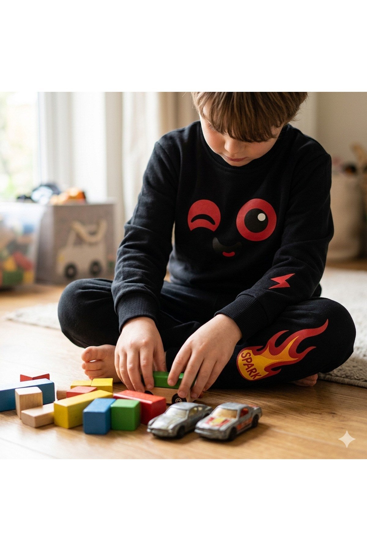 Spark Alev & Sevimli Yüz Baskılı Unisex Çocuk Alt Üst Eşofman Takım | 4-9 Yaş