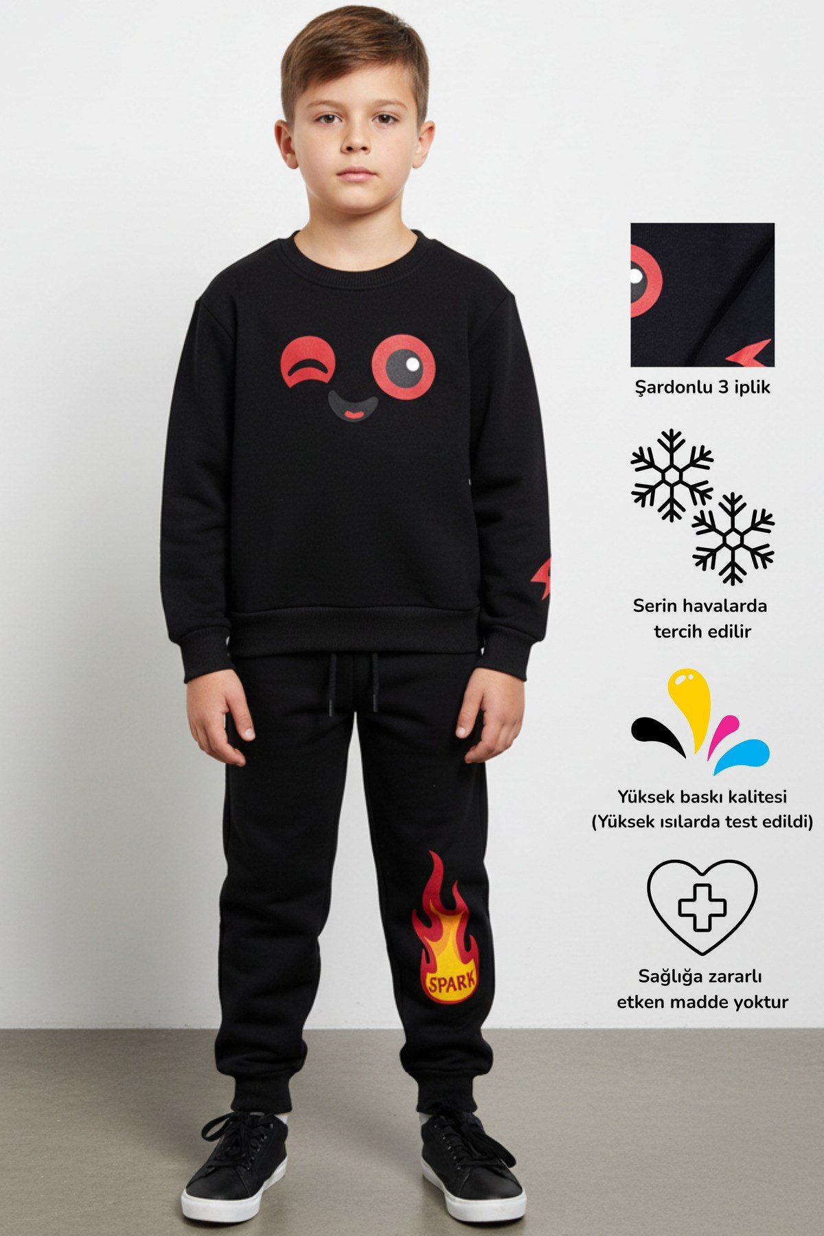 Spark Alev & Sevimli Yüz Baskılı Unisex Çocuk Alt Üst Eşofman Takım | 4-9 Yaş