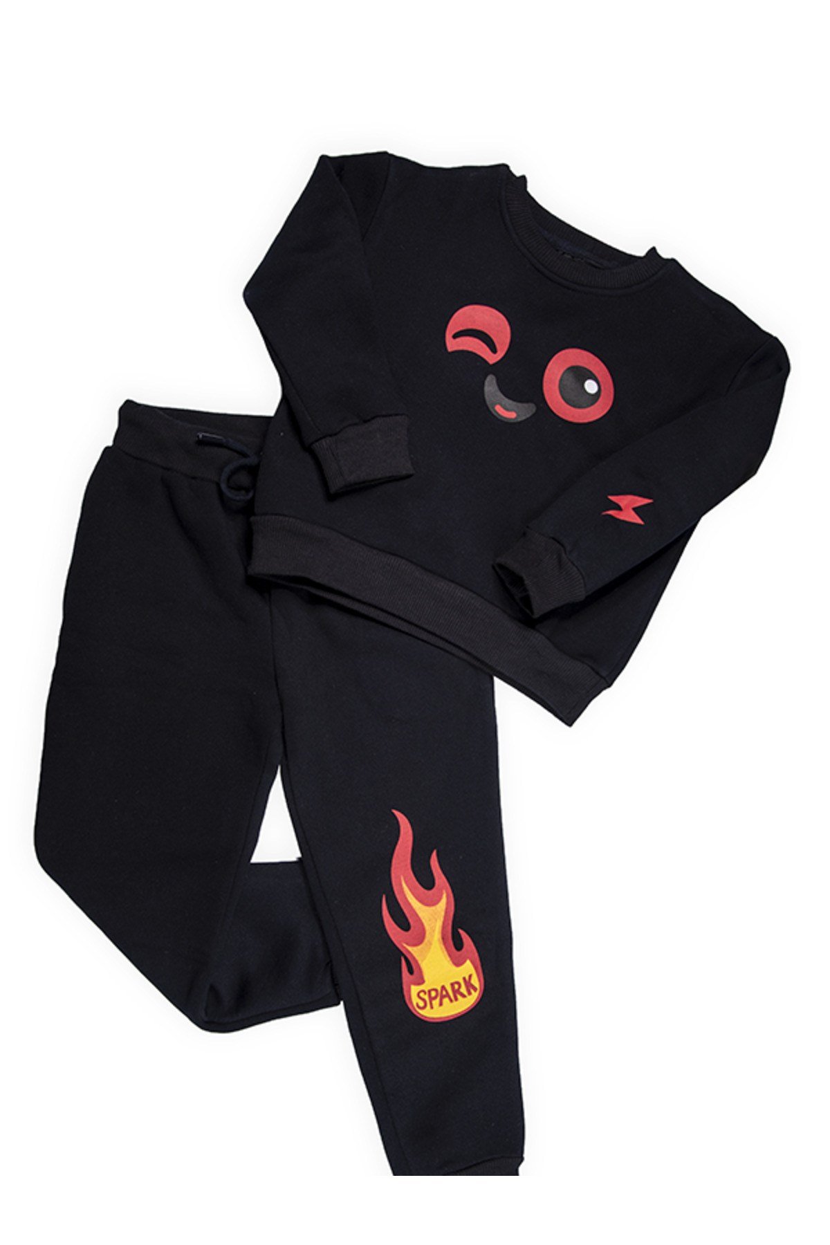 Spark Alev & Sevimli Yüz Baskılı Unisex Çocuk Alt Üst Eşofman Takım | 4-9 Yaş