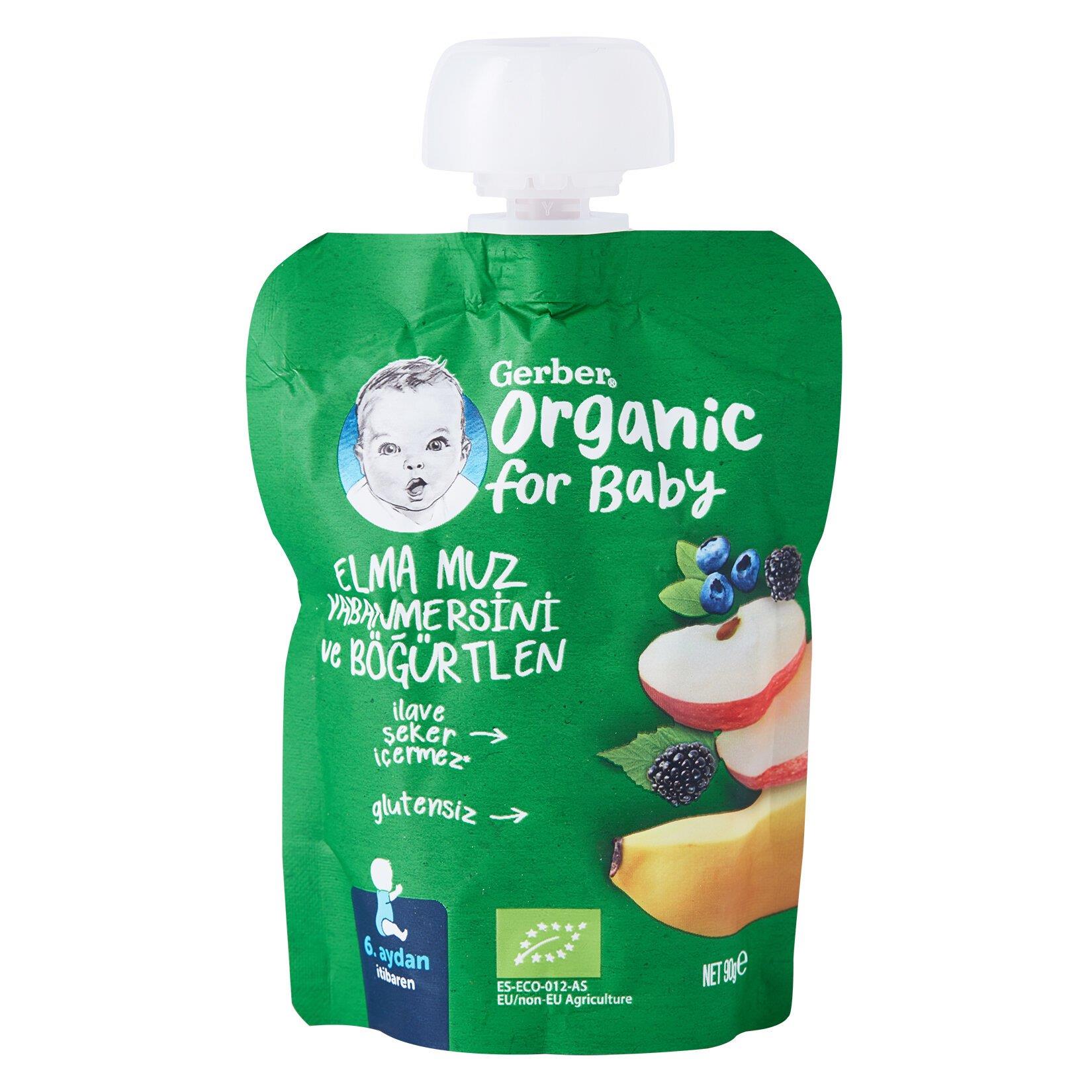 Gerber Organik Muzlu, Yabanmersinli, Böğürtlenli Elma Püresi 90g 