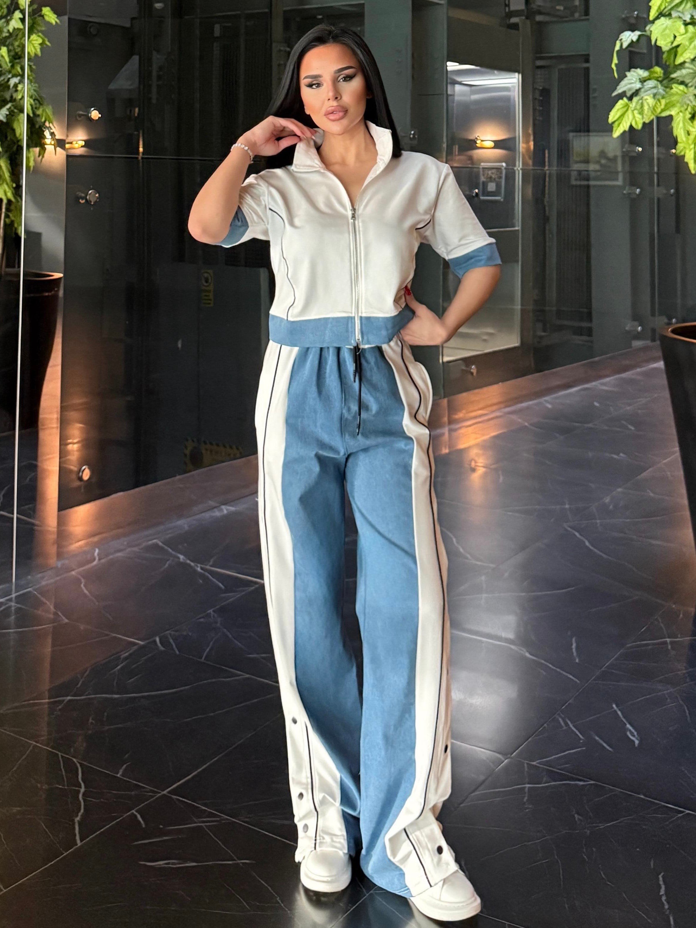 Denisa Denim Detaylı Spor Takım Beyaz