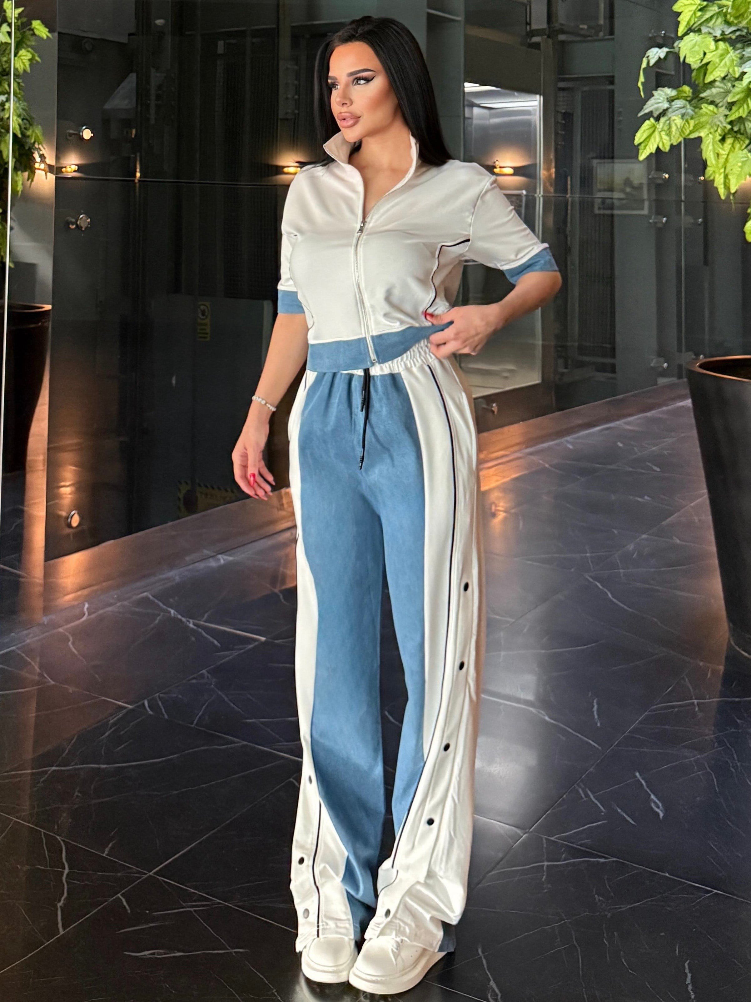 Denisa Denim Detaylı Spor Takım Beyaz