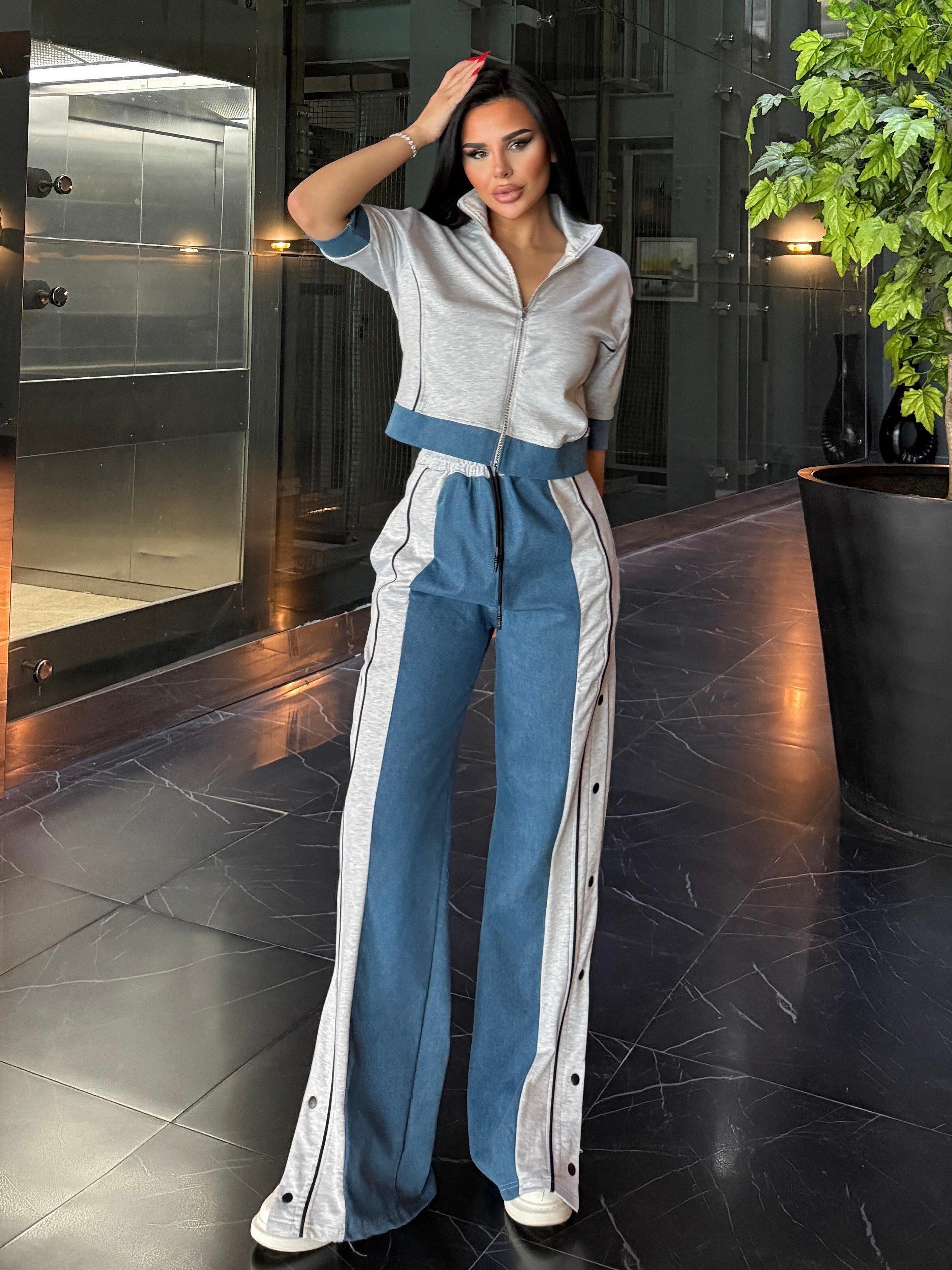 Denisa Denim Detaylı Spor Takım Gri