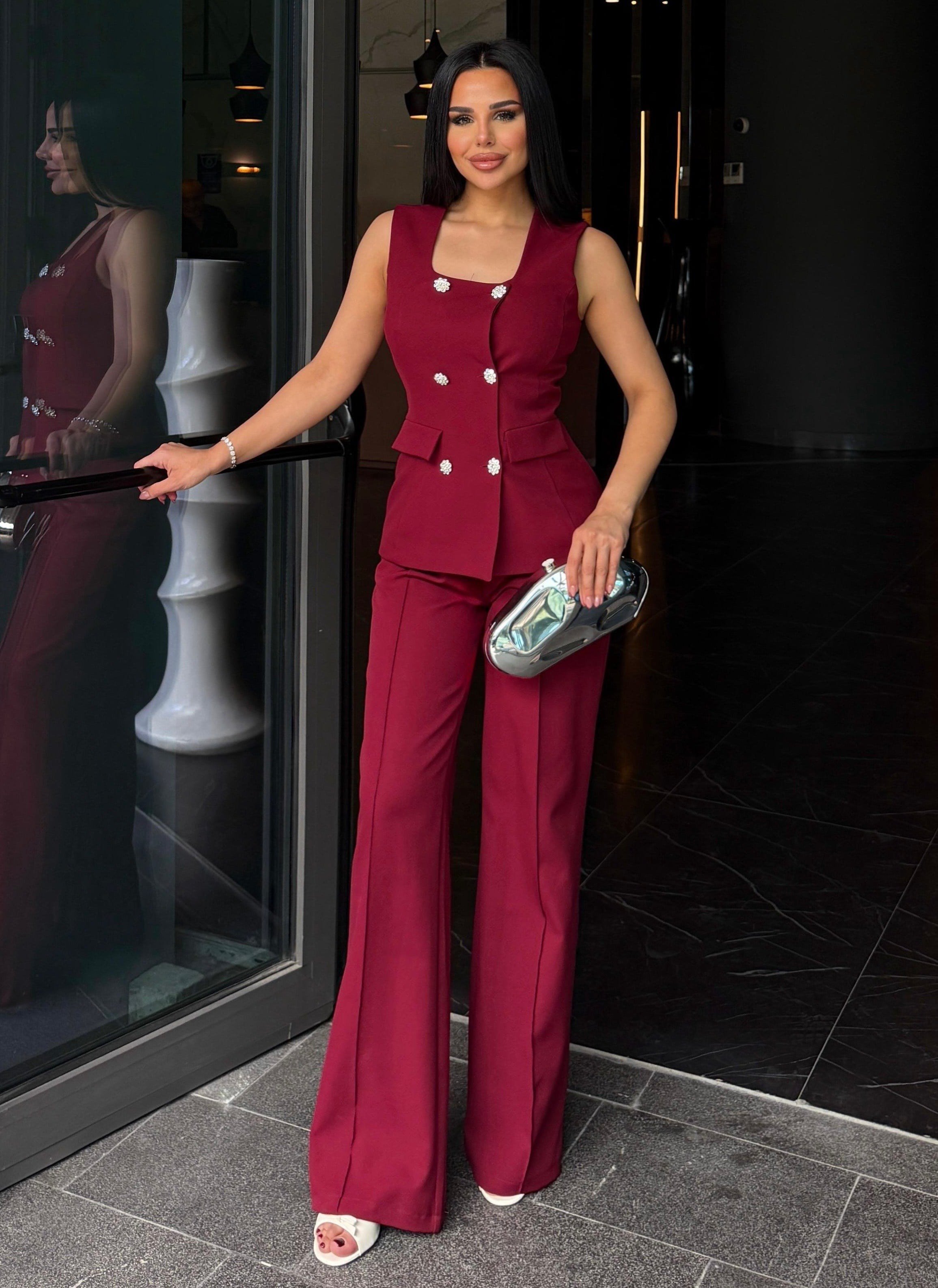 Elanor Yeleklı Taşlı Takım Bordo