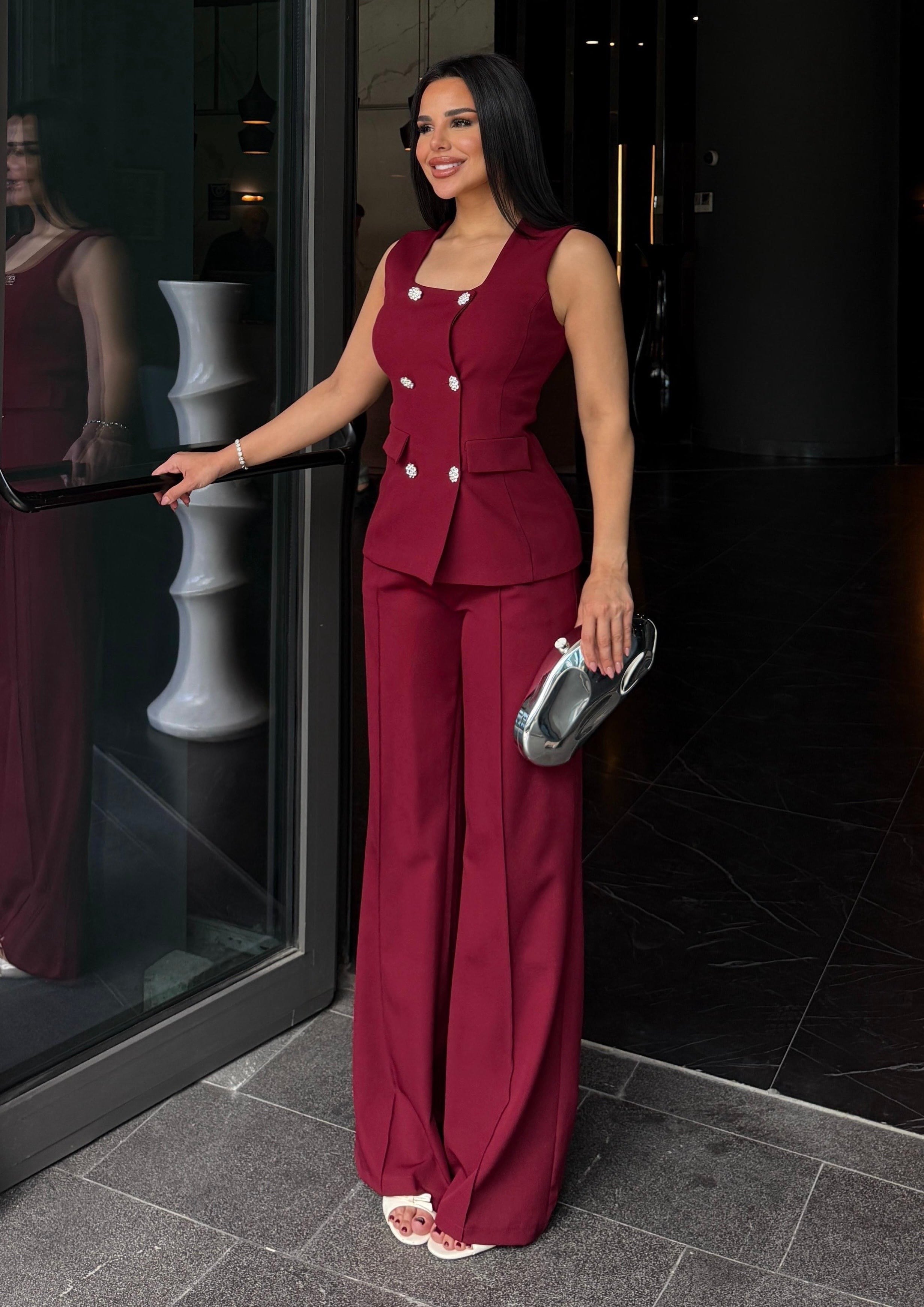 Elanor Yeleklı Taşlı Takım Bordo