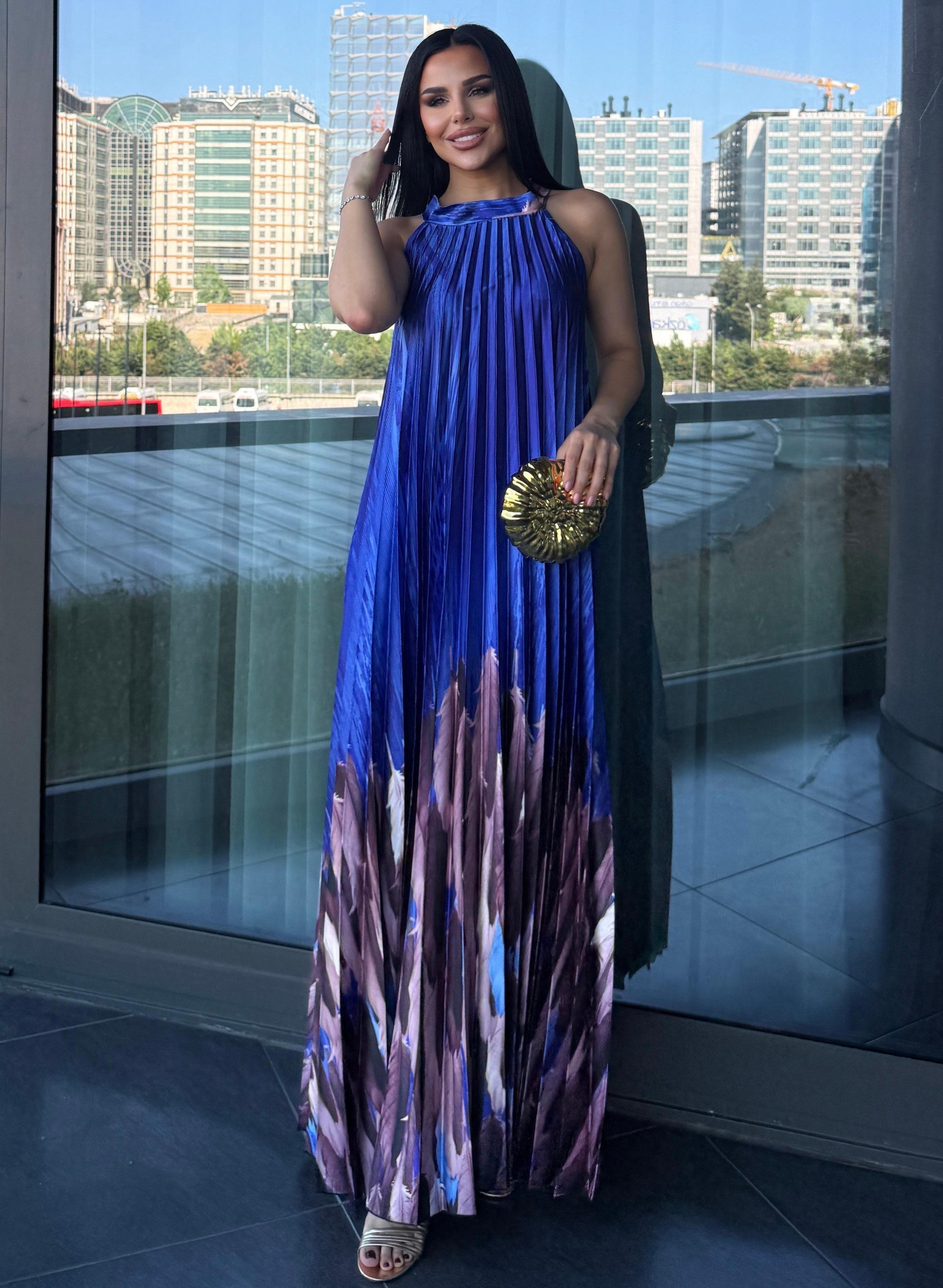 Helica Desenli Saten Elbise Saks Mavi