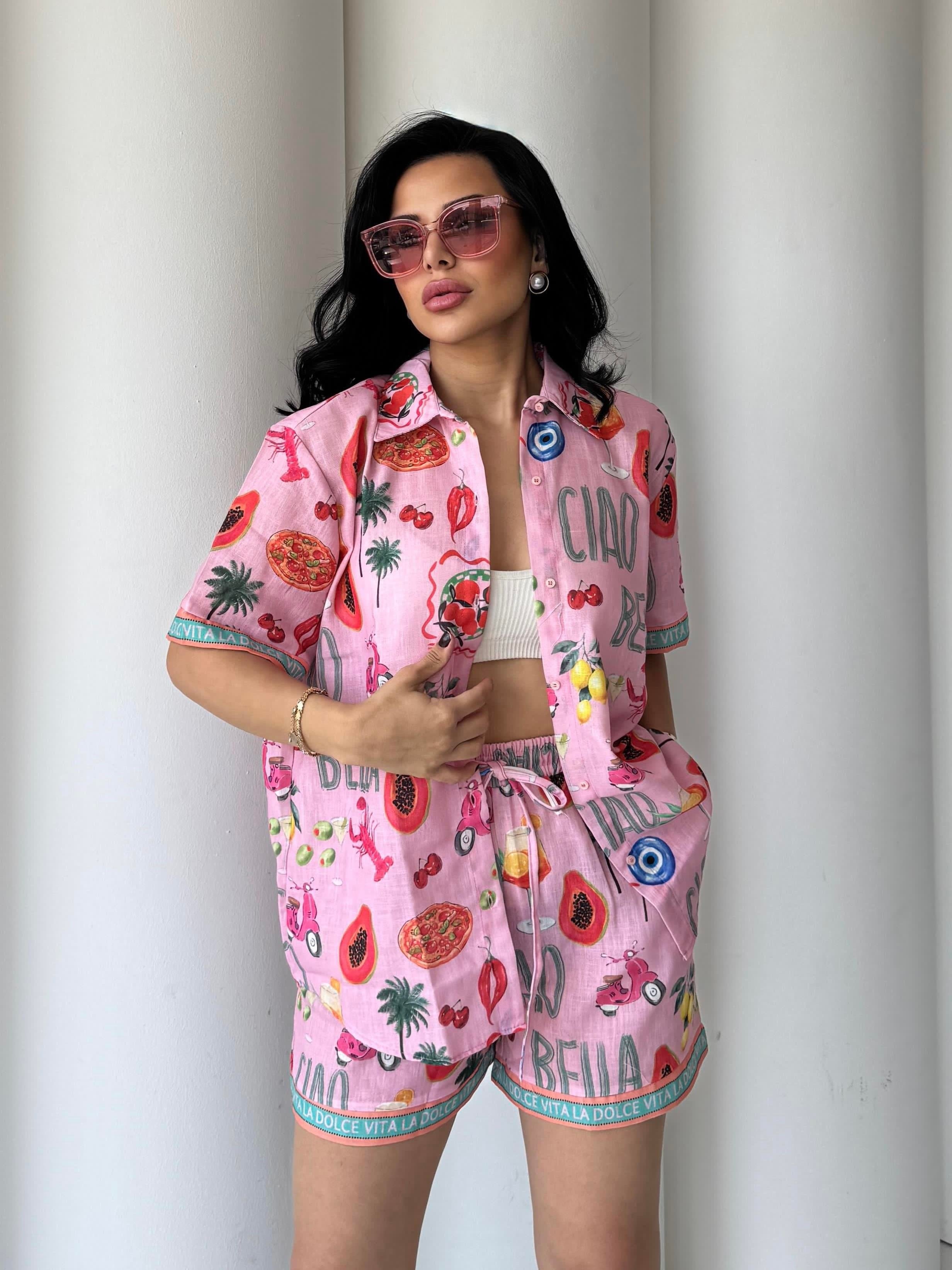 Kai Şortlu Keten Takım Pembe