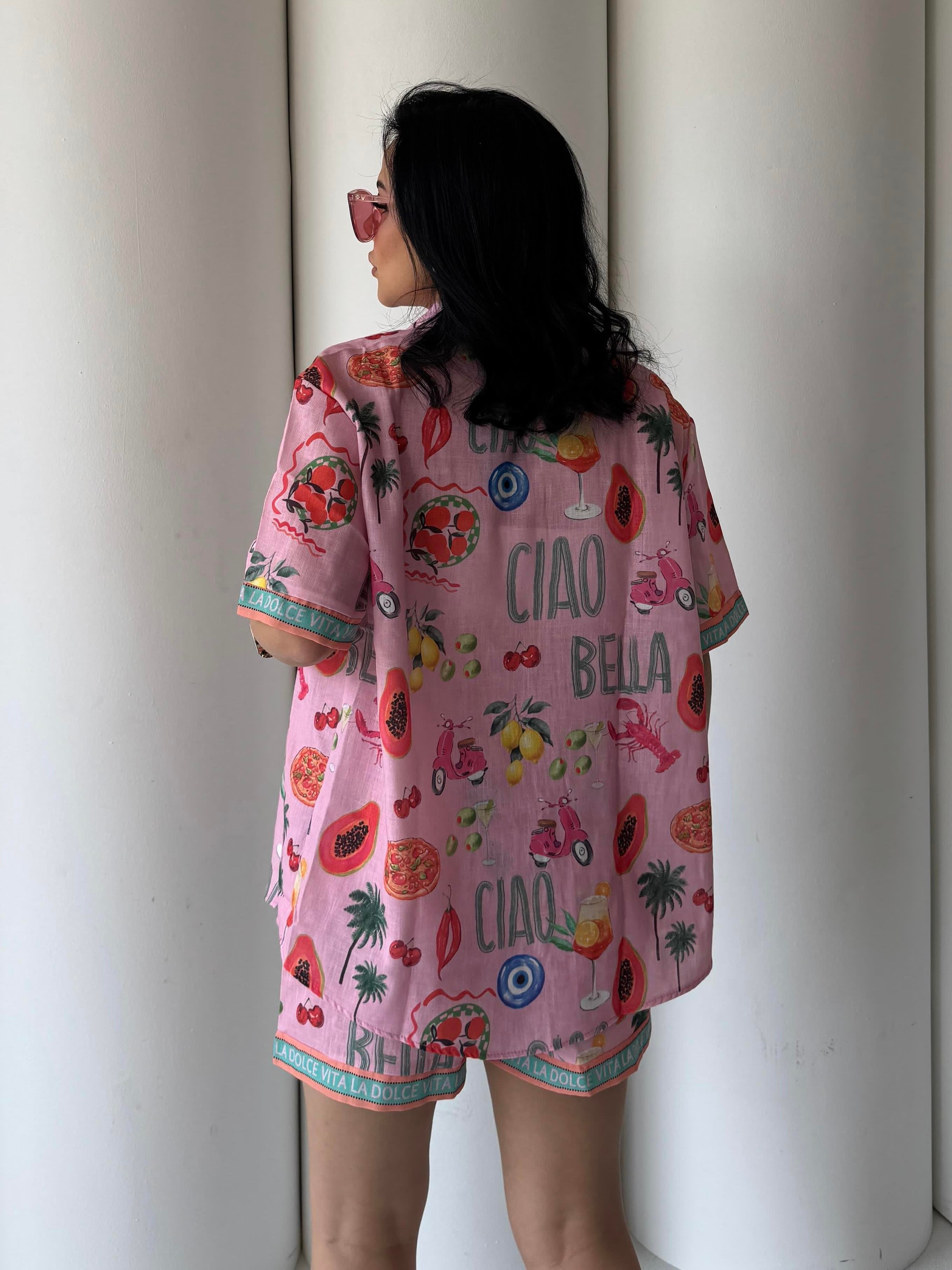Kai Şortlu Keten Takım Pembe