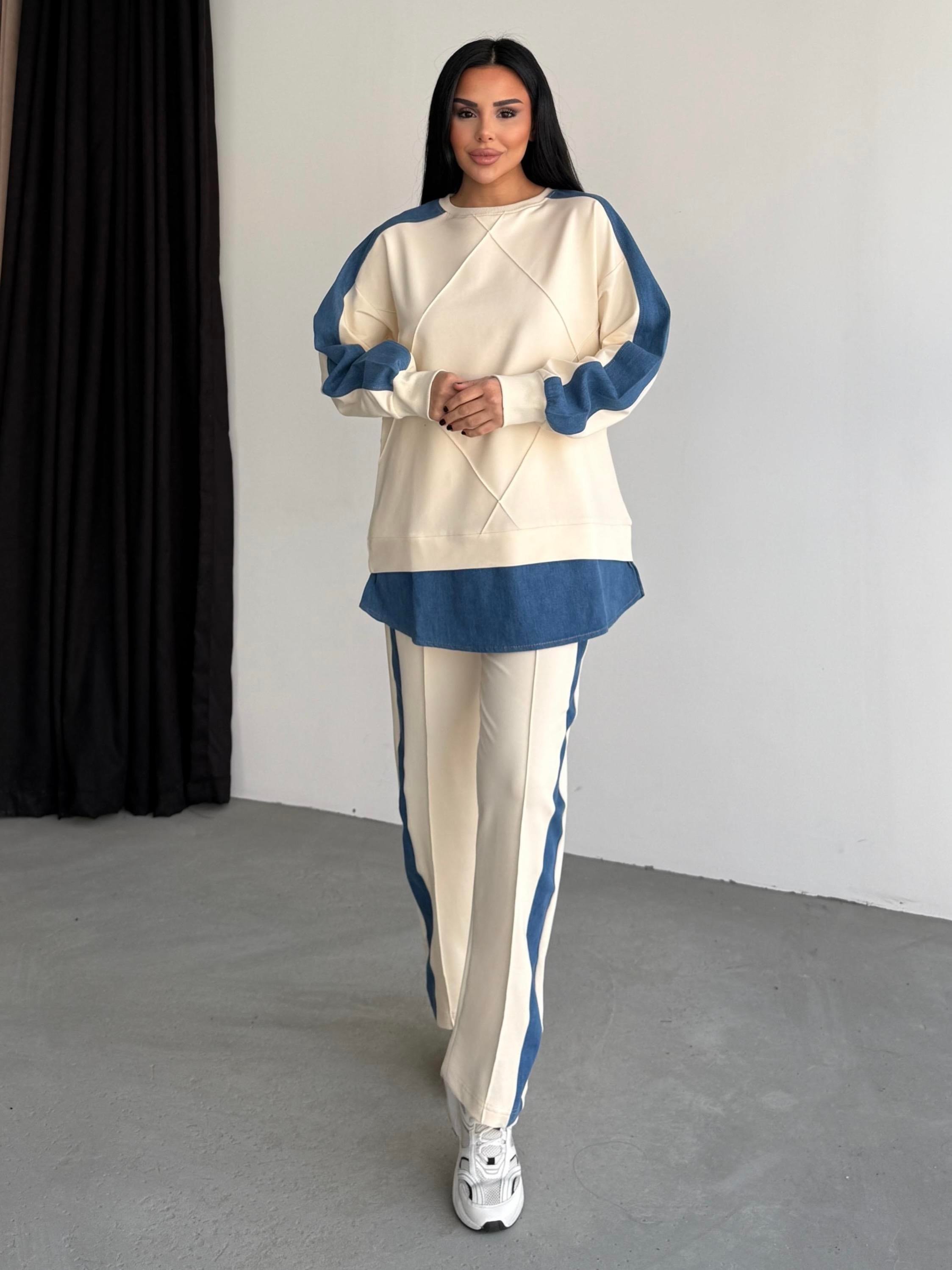 Loniga Denim Detaylı Takım Ekru
