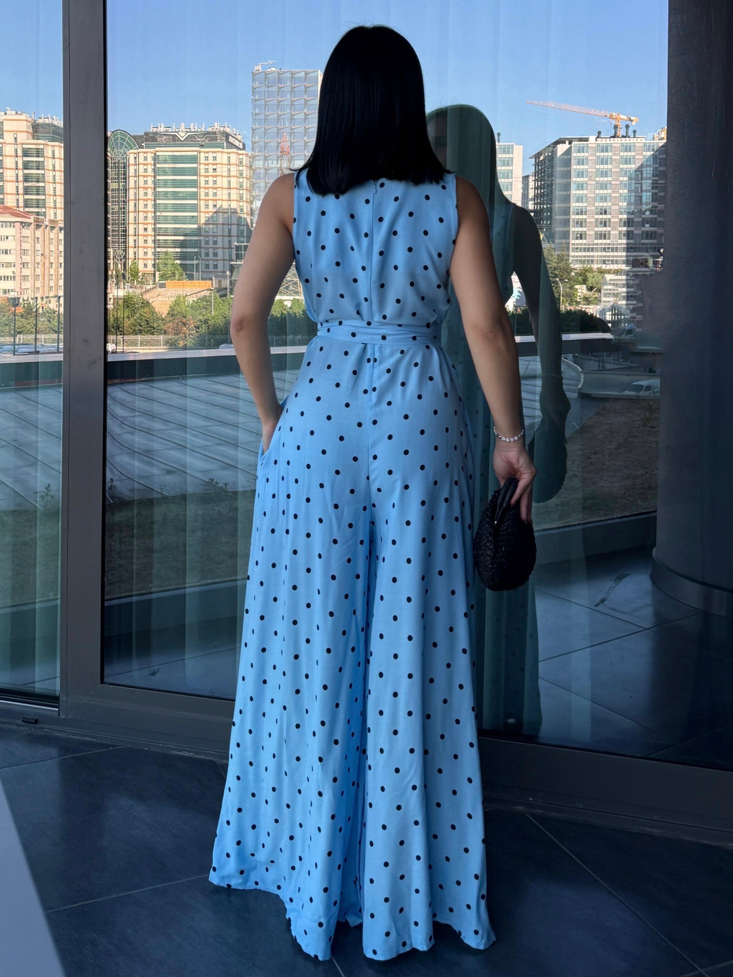 Menisa Puantiye Detaylı Tulum Mavi