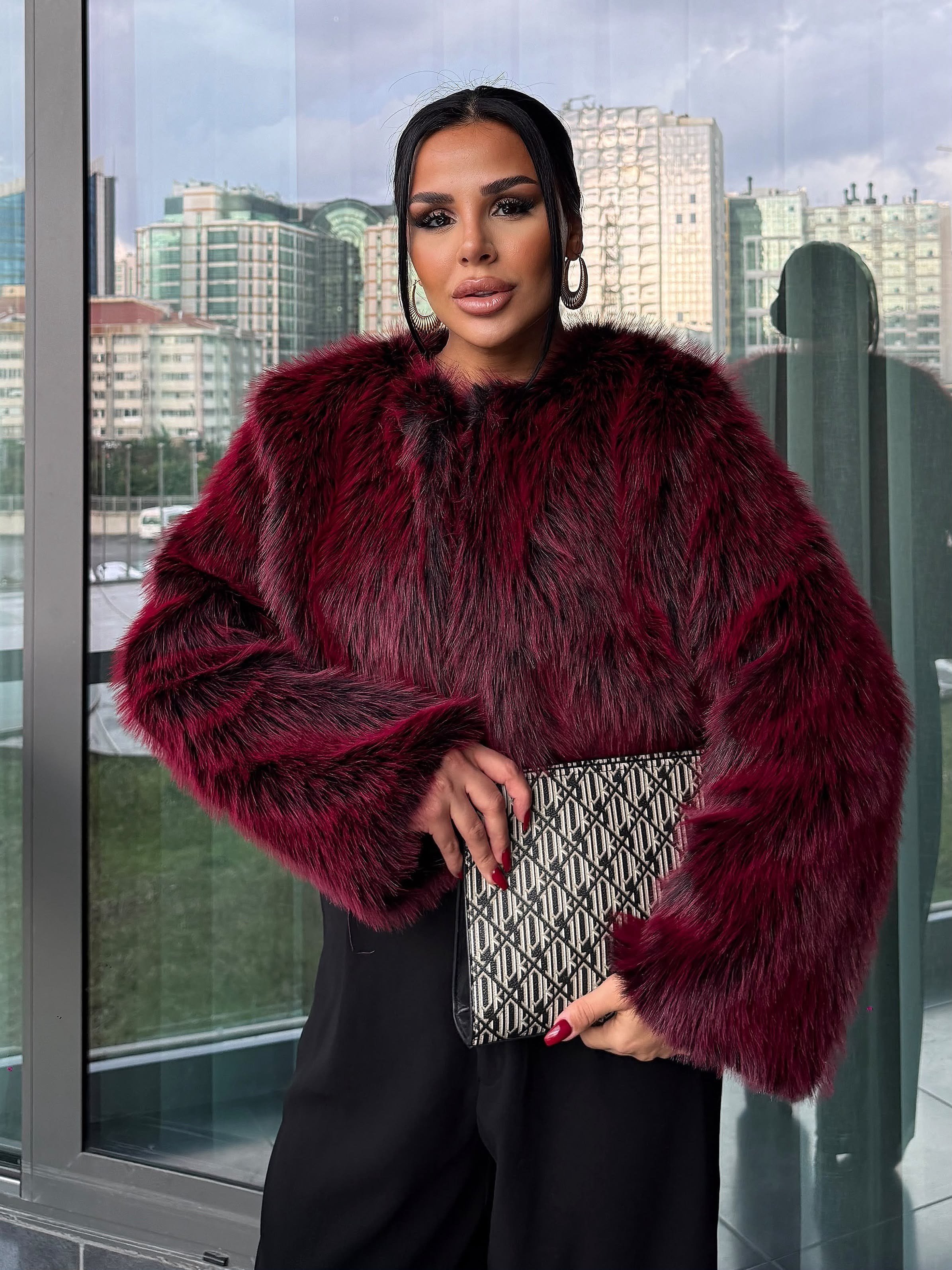 Minicos Crop Kürk Kırçıllı Bordo