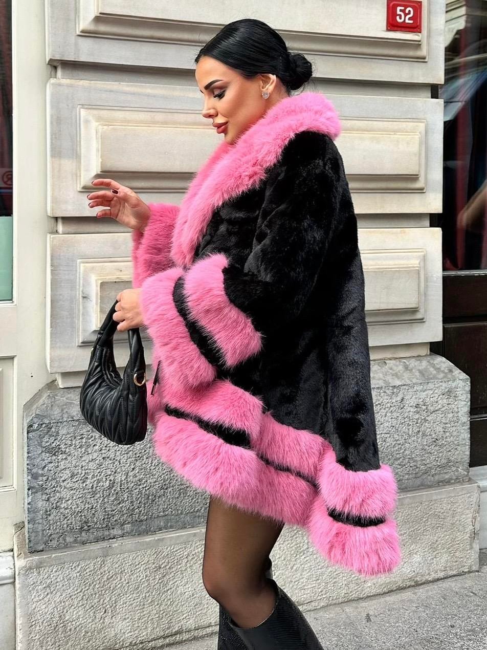 Pury İthal Kürk Siyah-Pembe