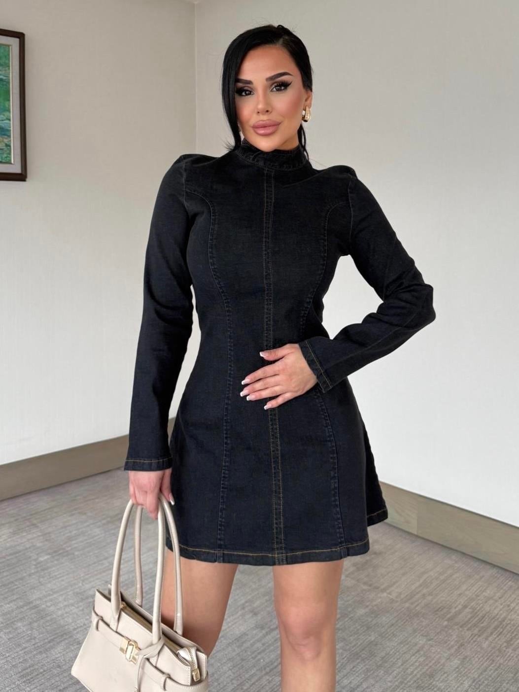 Turosa Denim Elbise Siyah
