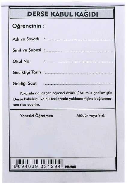 DİLMAN DERSE KABUL KAĞIDI 100 LÜ 3129