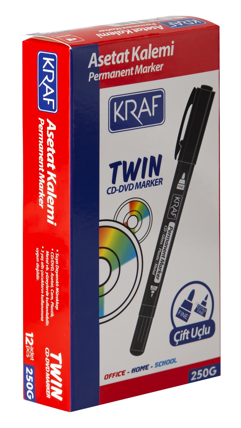 KRAF ASETAT KALEMİ TWIN ÇİFT UÇLU 250 SİYAH