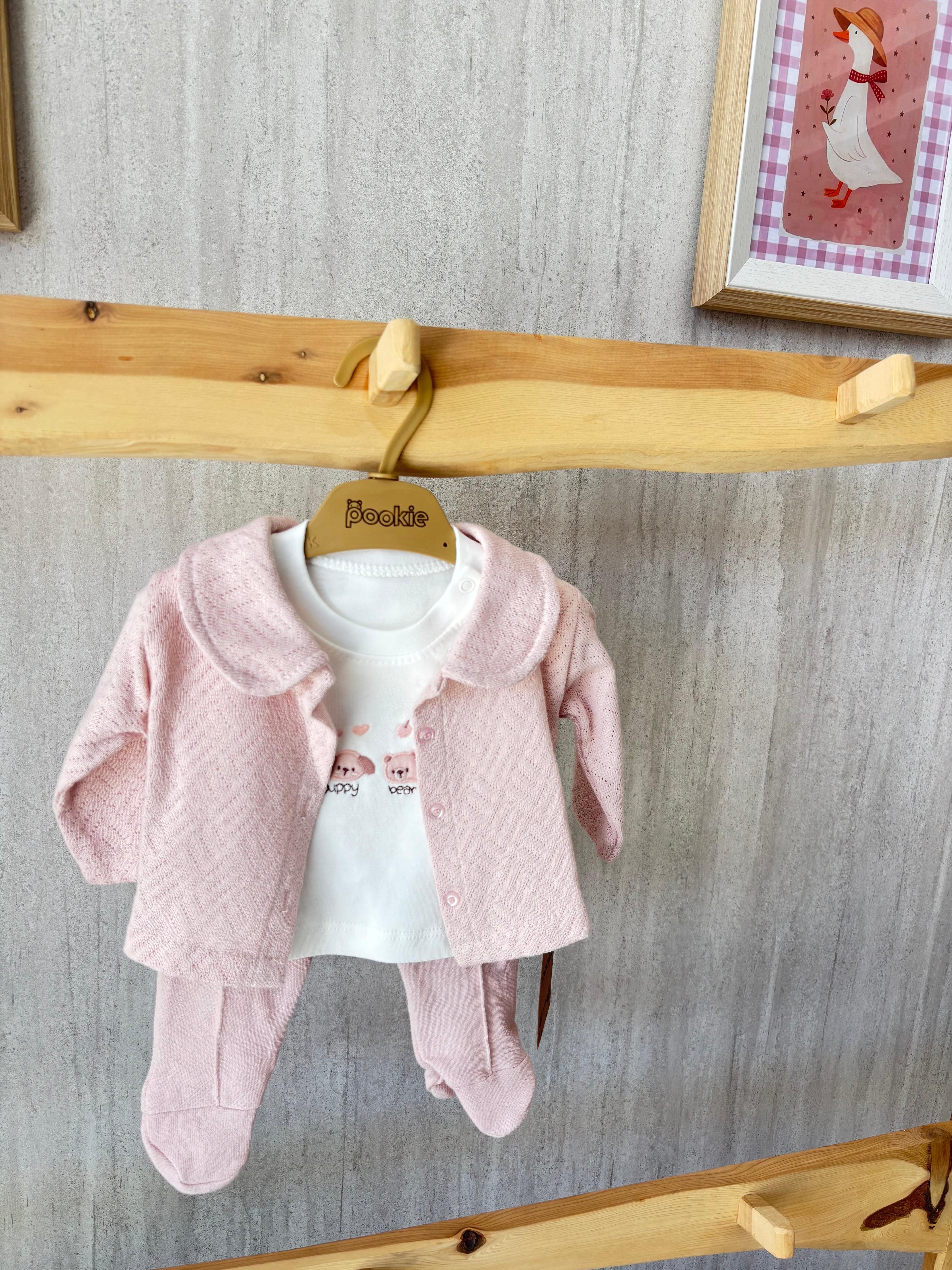 Bebe Yaka Ceketli Üçlü Takım Pembe