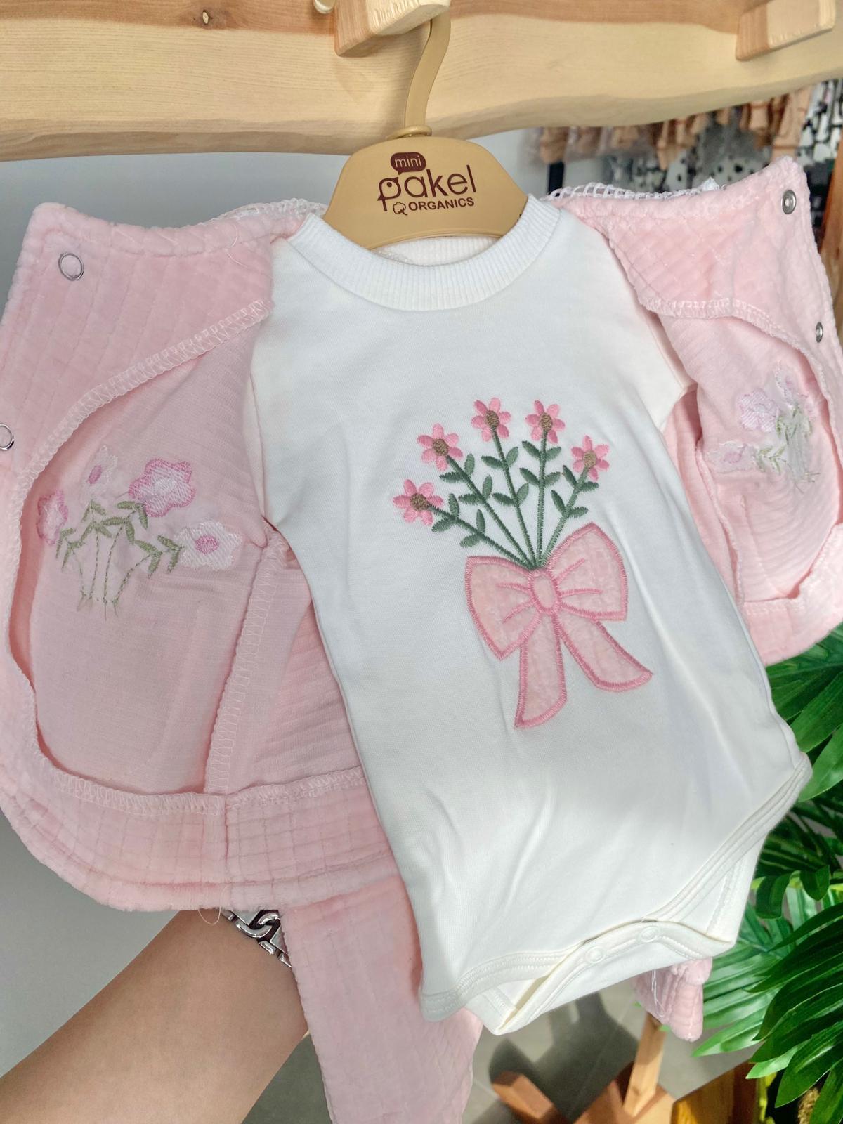 Dantel Yaka Ceketli 3'lü Takım Pembe