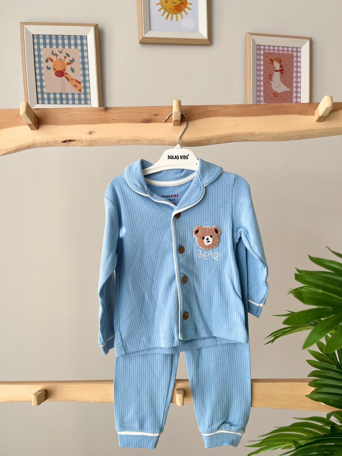 Fitilli Ayı Pijama Takımı Mavi